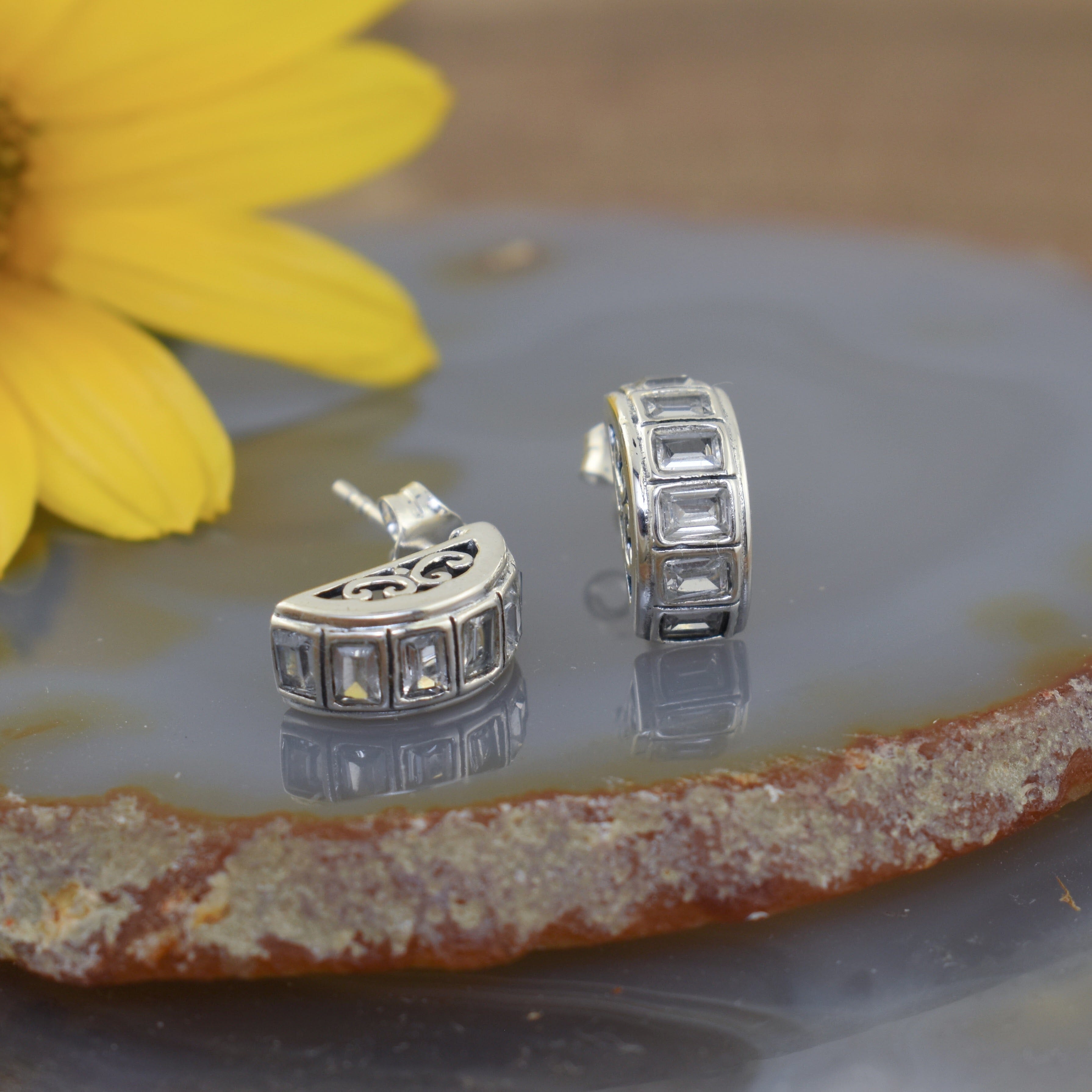 Sterling silver post earrings with baguette CZs