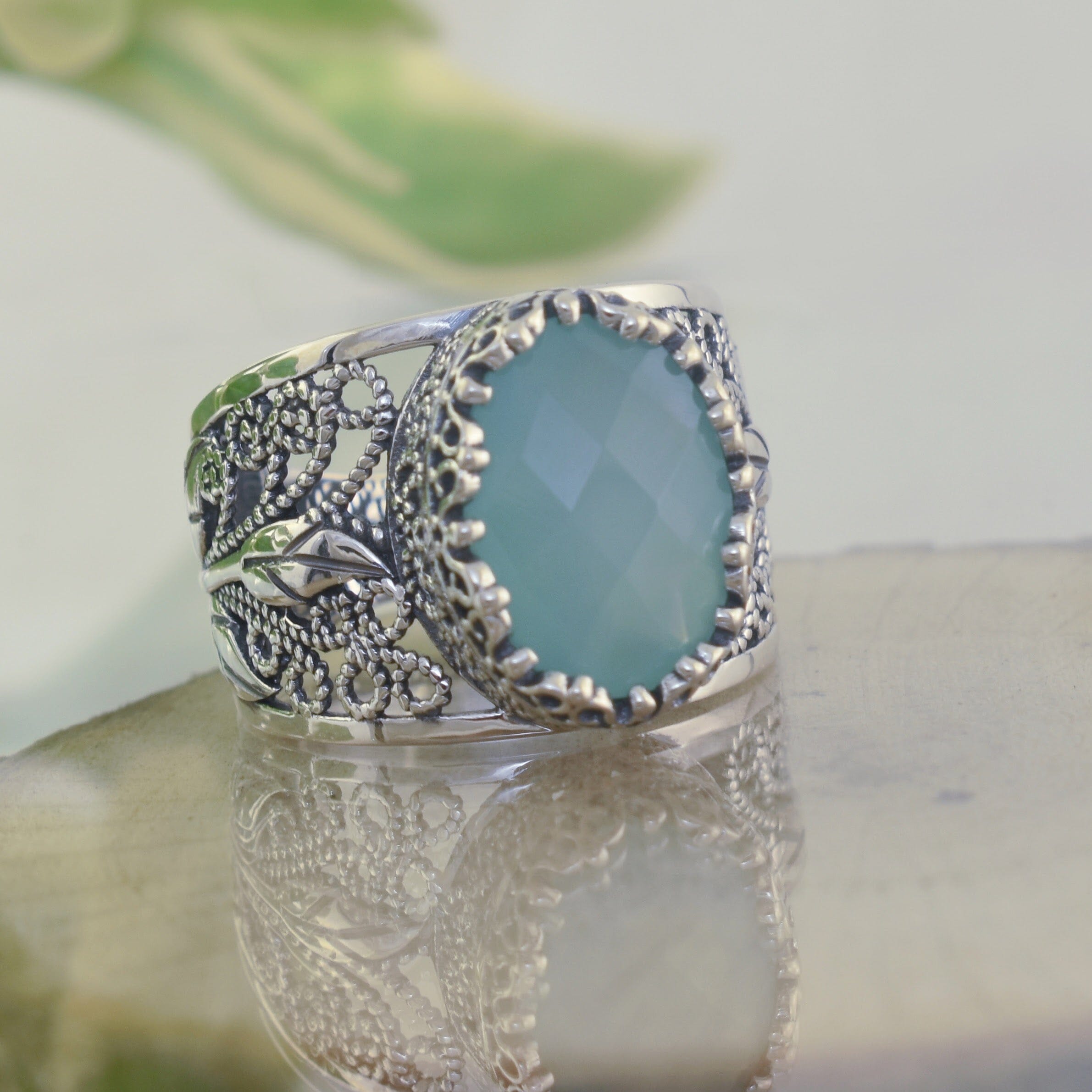 .925 sterling silver wide band ring with aqua chalcedony stone