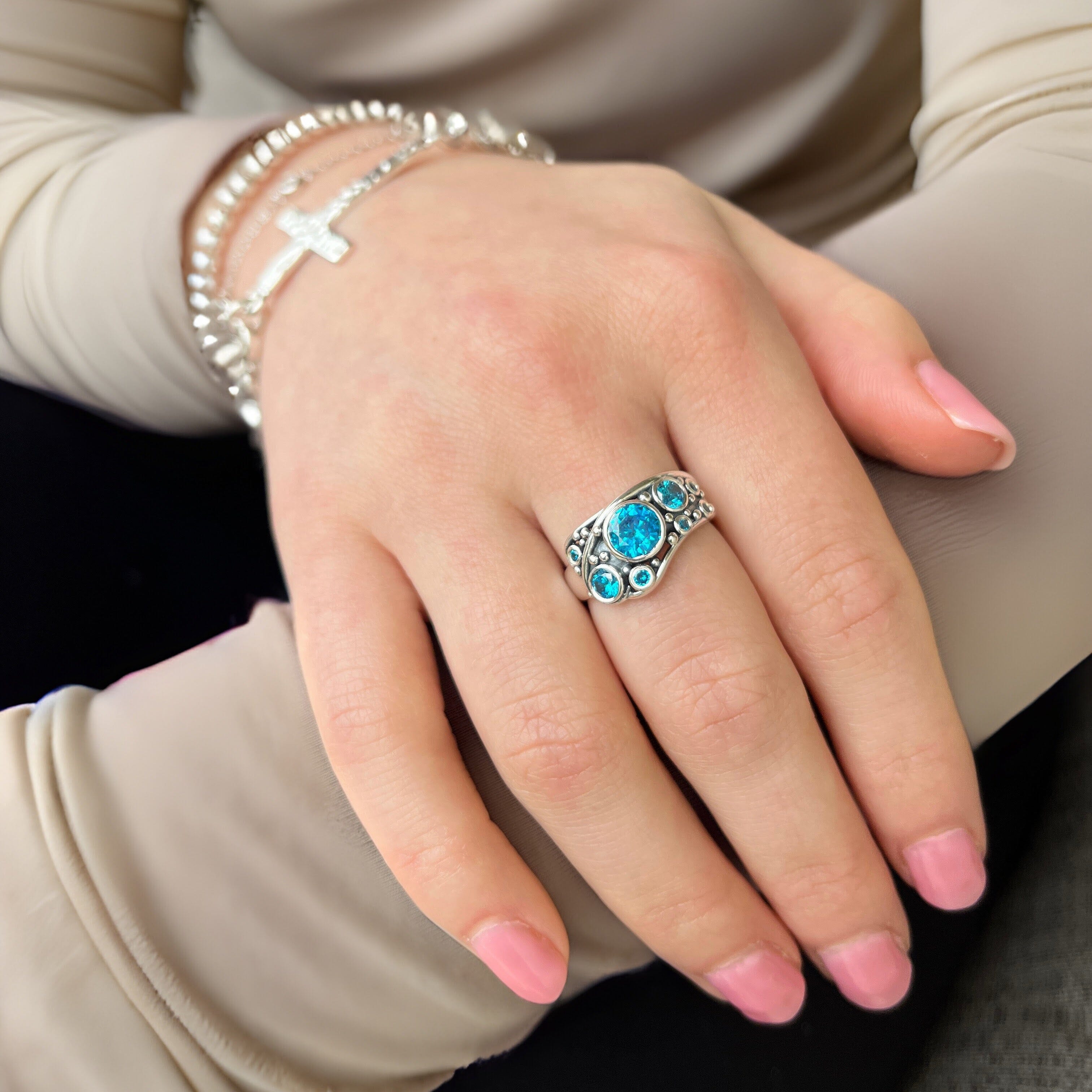 offshore sterling silver ring paired with beaded stack bracelet and cherished on bracelet