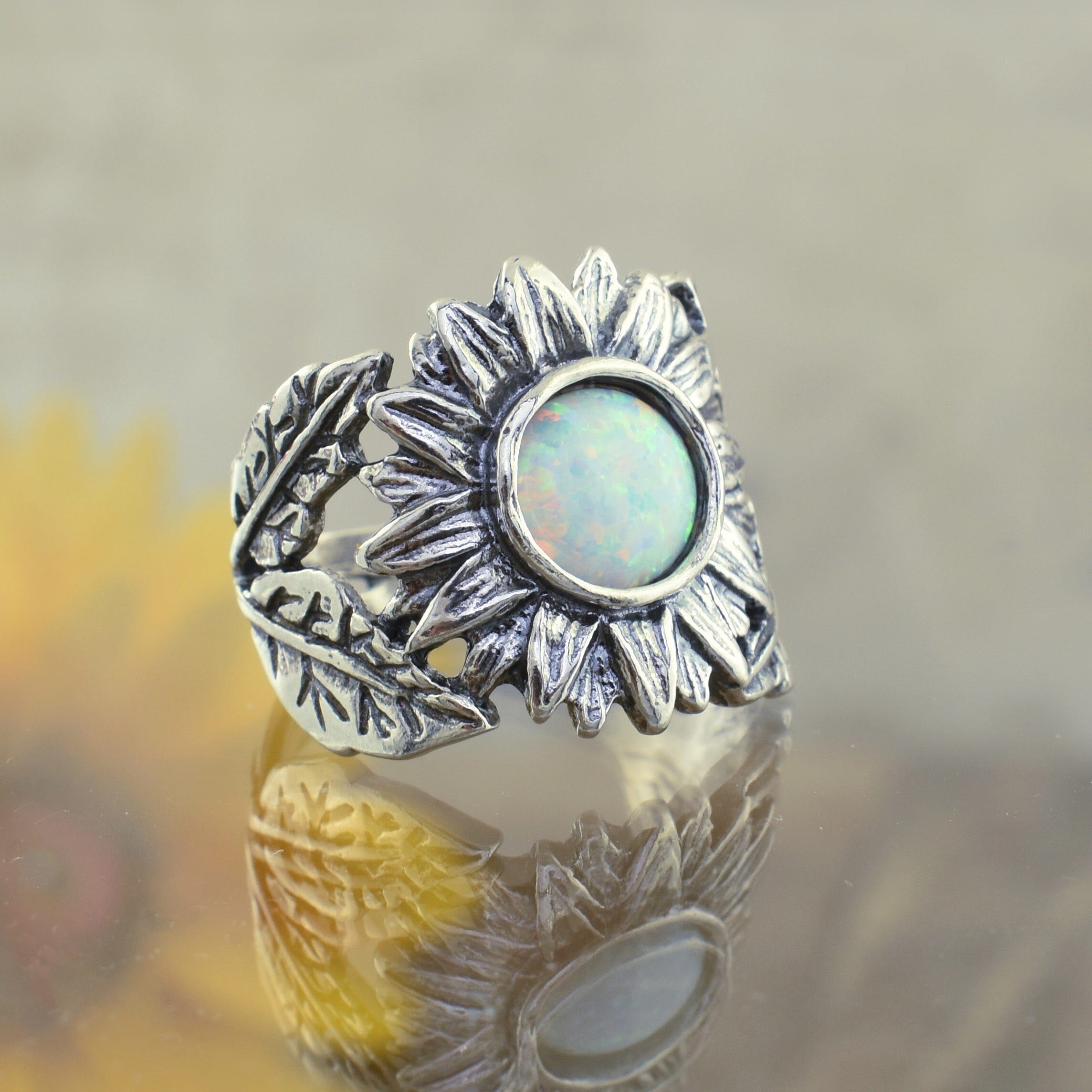 .925 sterling silver & reconstructed opal bloom ring