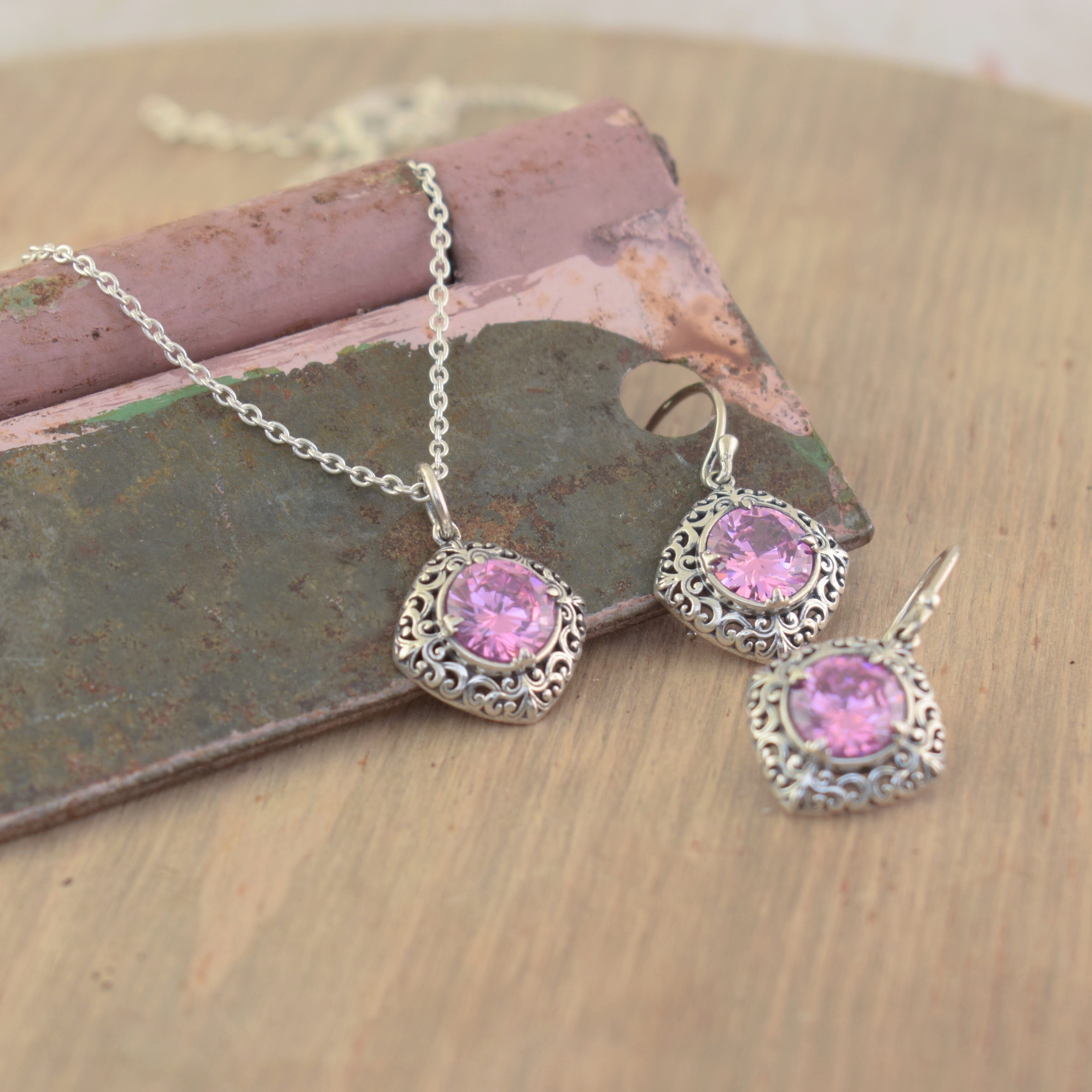 Jewelry set sterling silver with a pink cz prong set