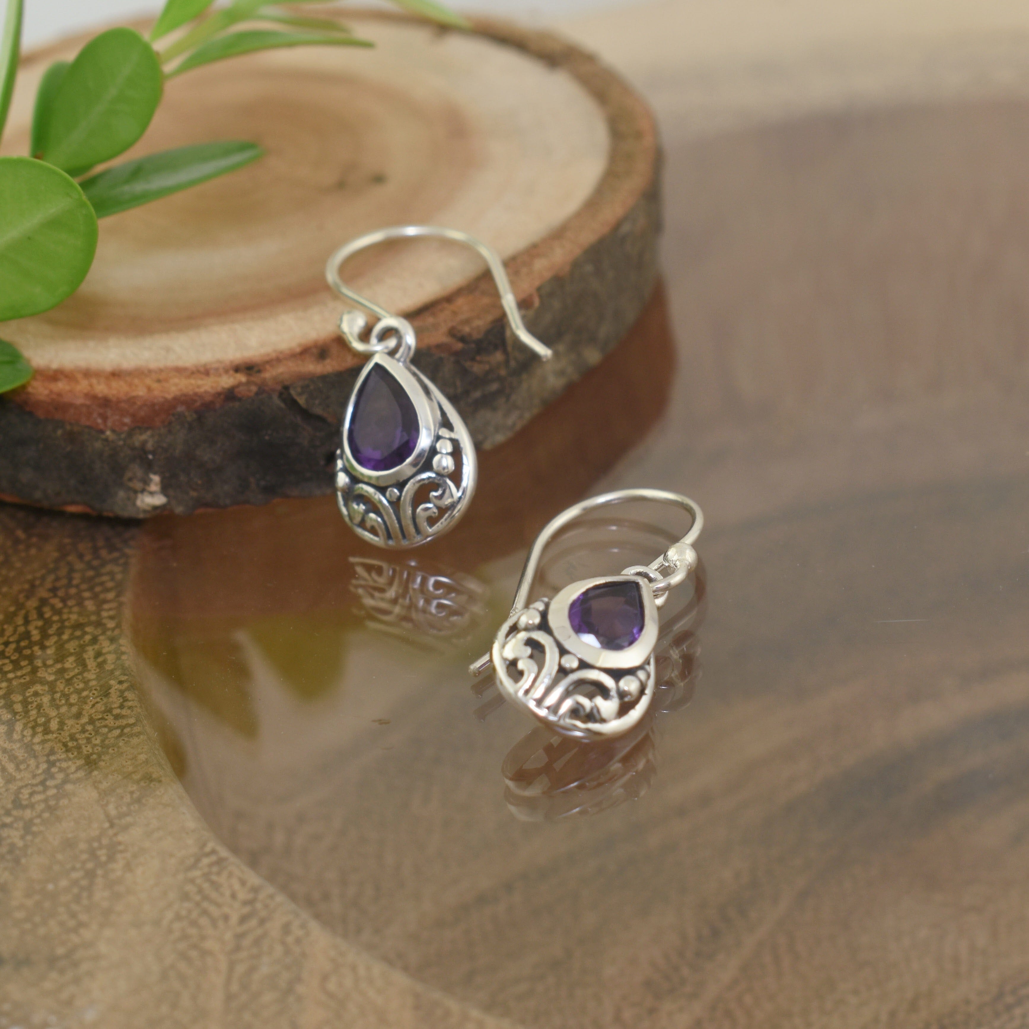 sterling silver and amethyst dangling earrings with French wire hooks