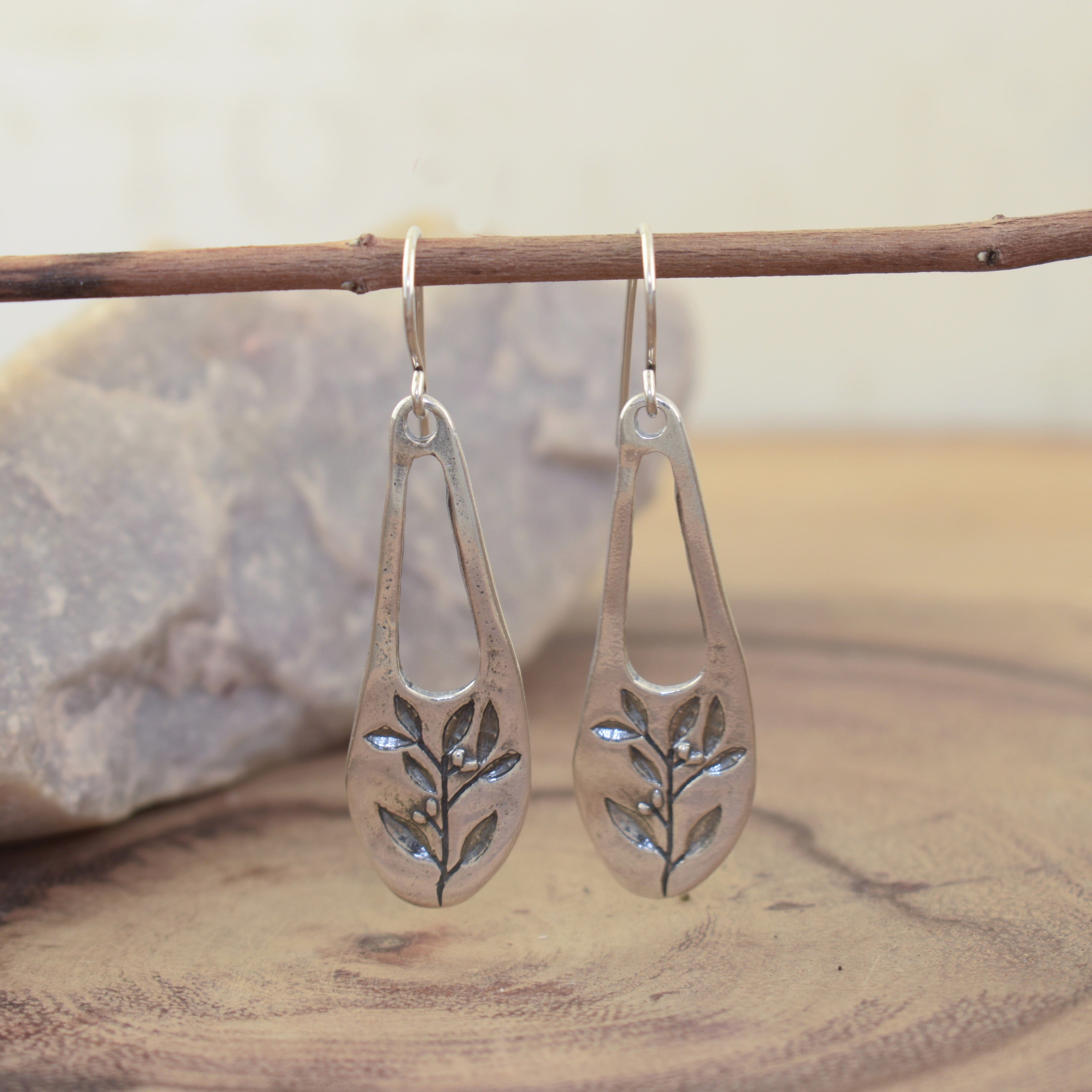 Sterling silver stamped earring with plants