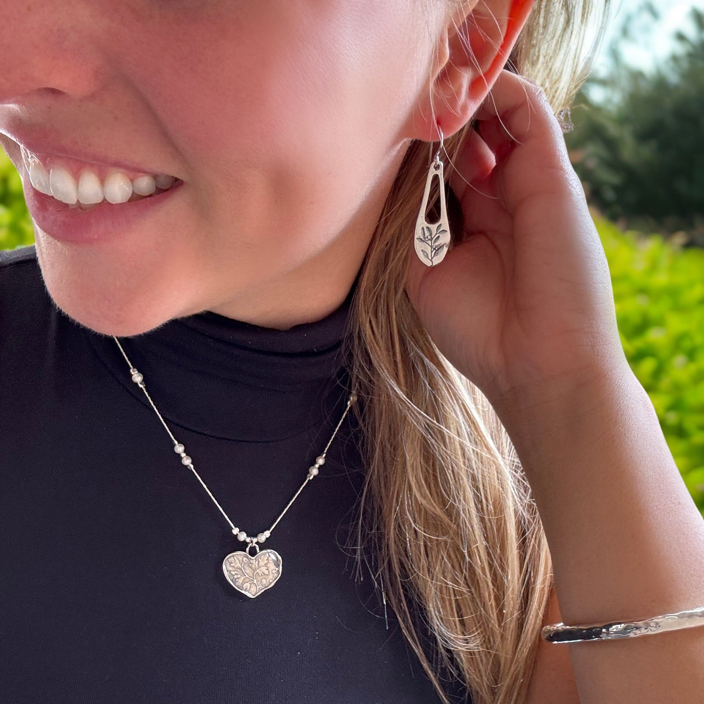 Poetic Whimsy Earrings paired with Call Me Sweetheart Necklace and Squared-Up Bangle