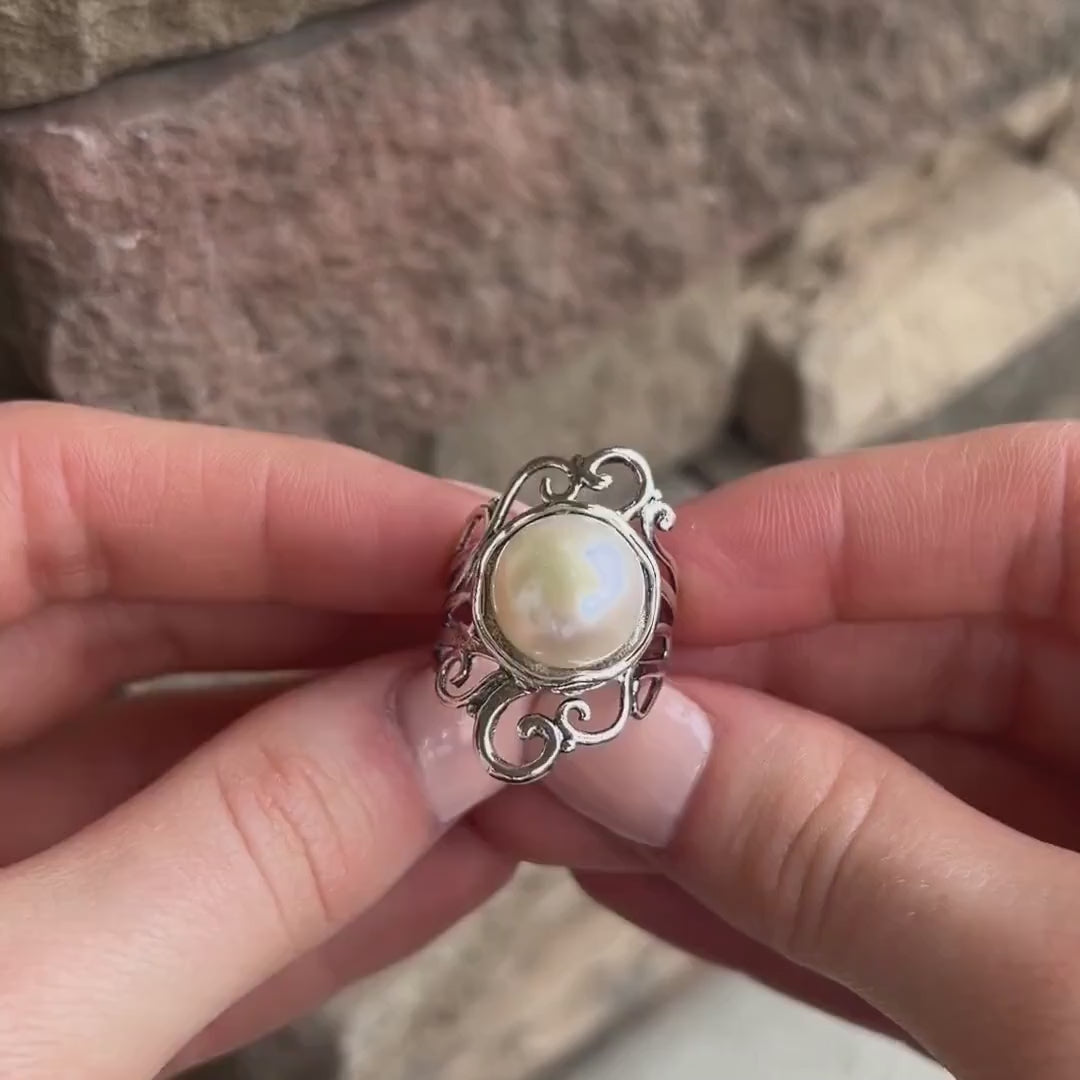 Sterling silver ring with round freshwater pearl