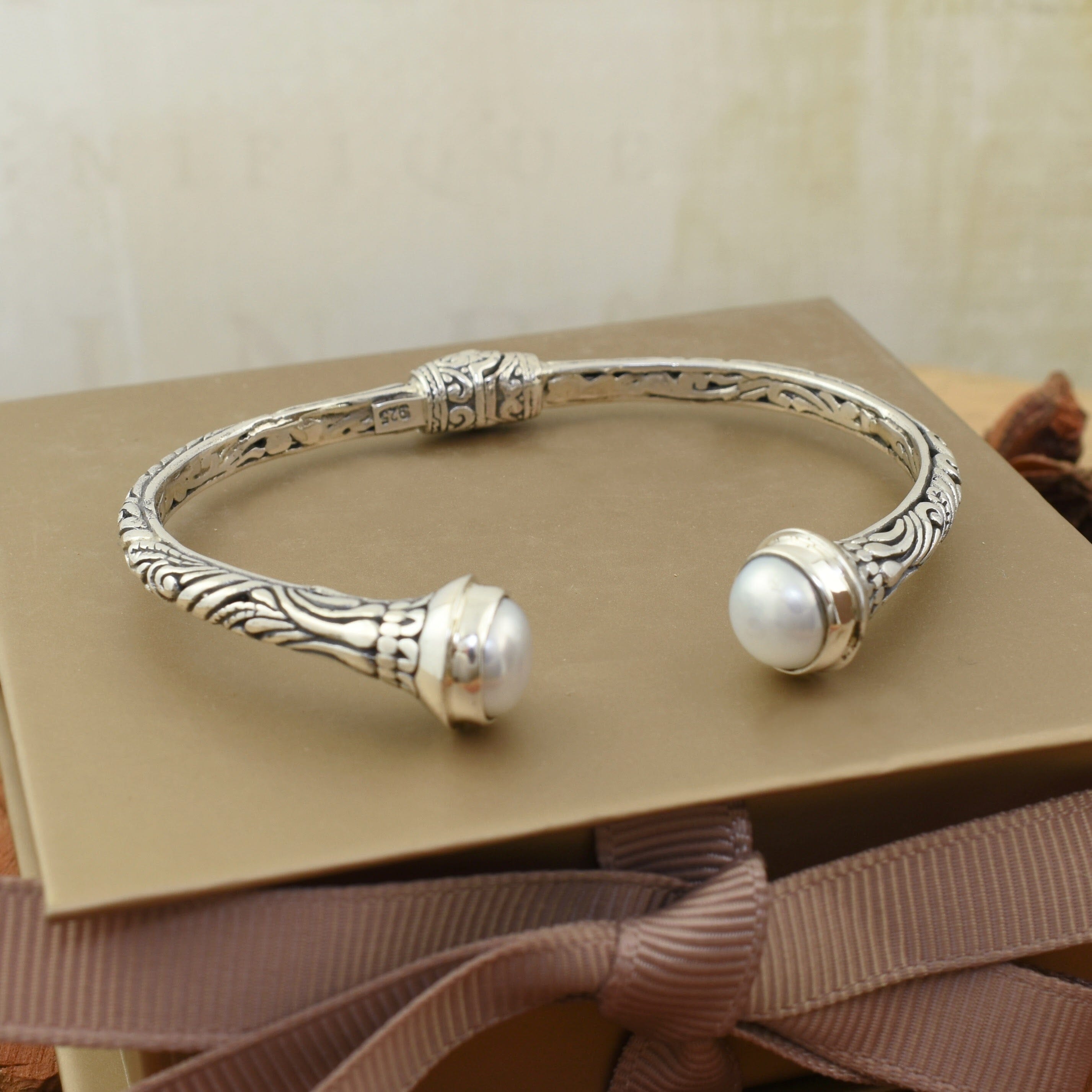 Handcrafted sterling silver and pearl cuff