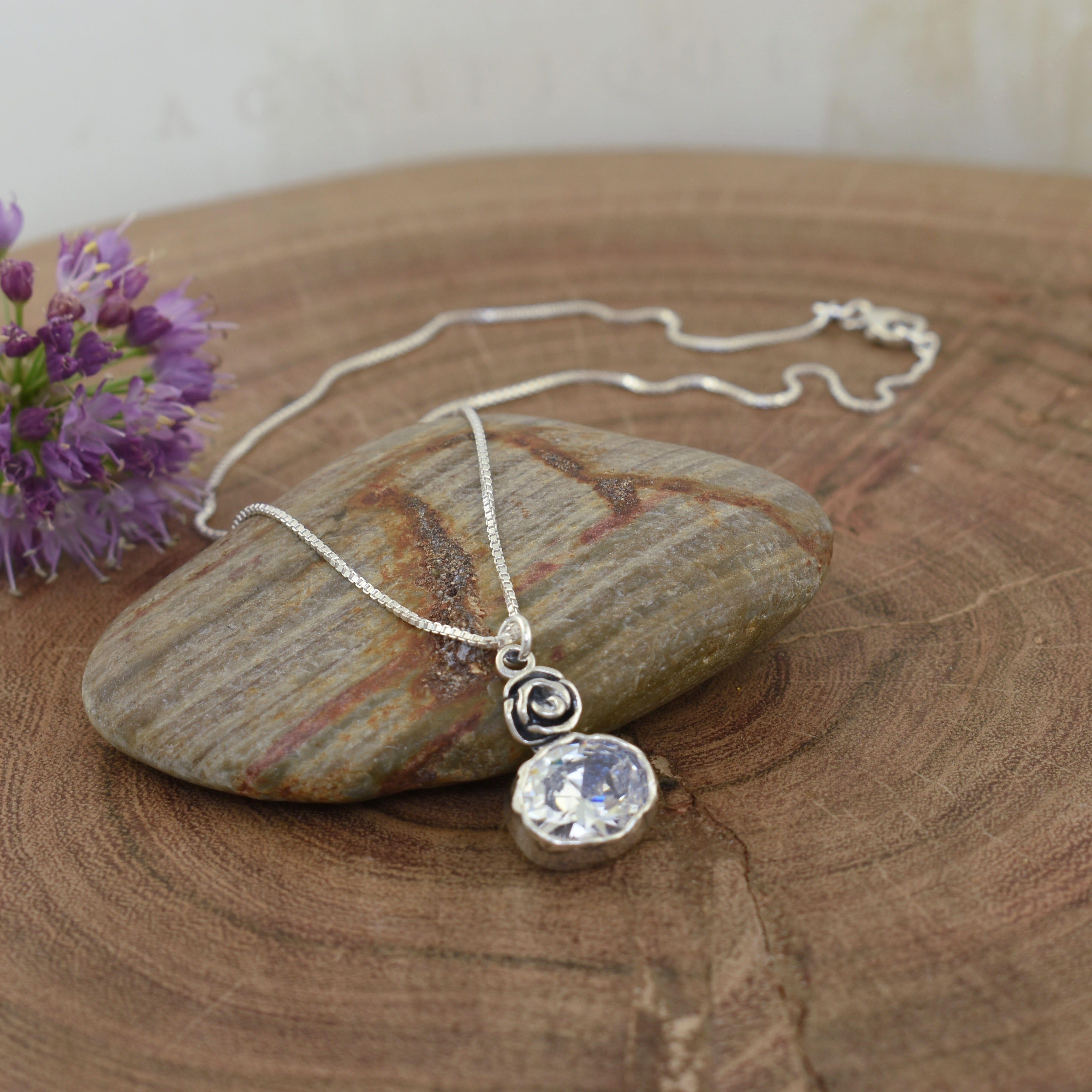 .925 sterling silver necklace with CZ and rose