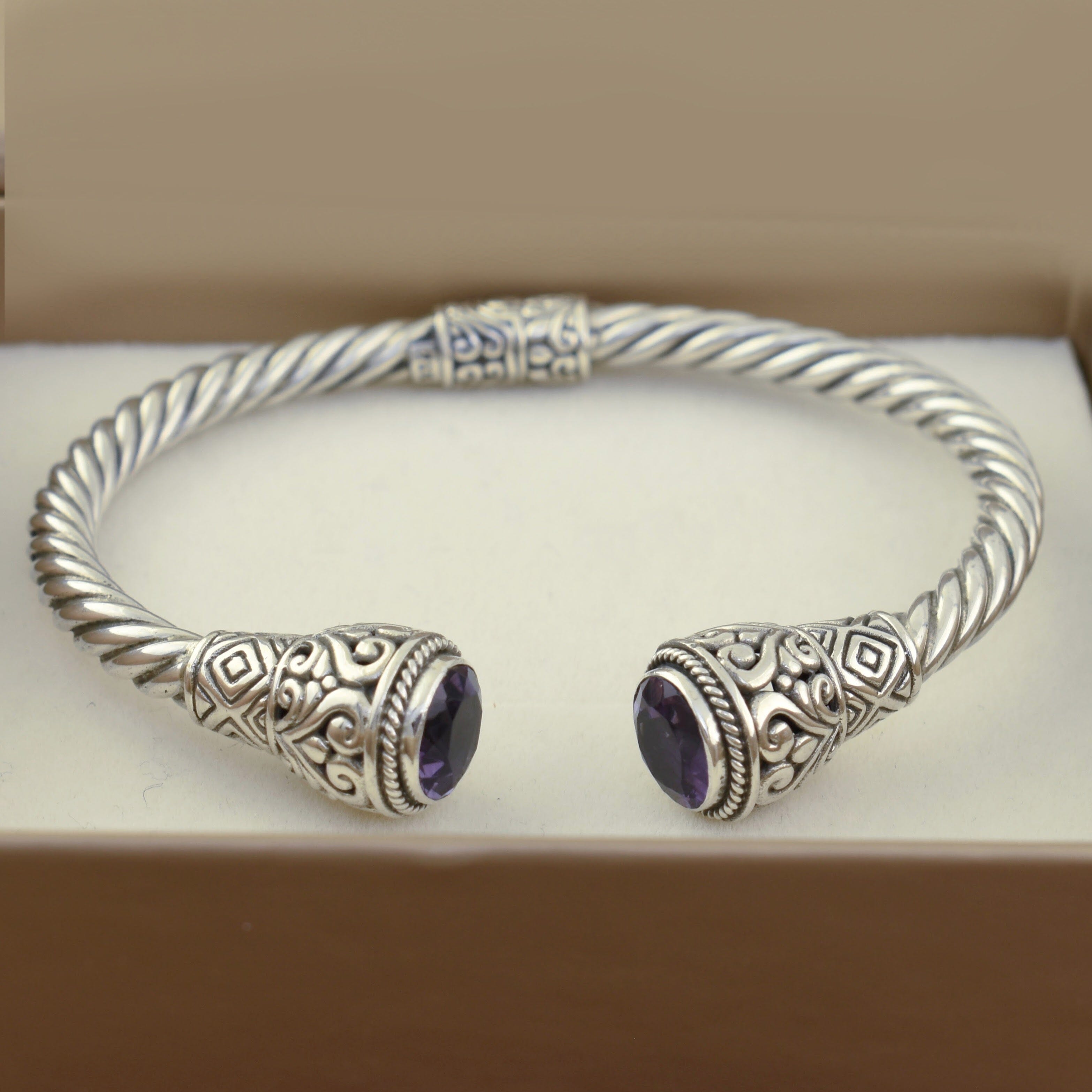 Chunky sterling silver cuff with genuine amethyst stones