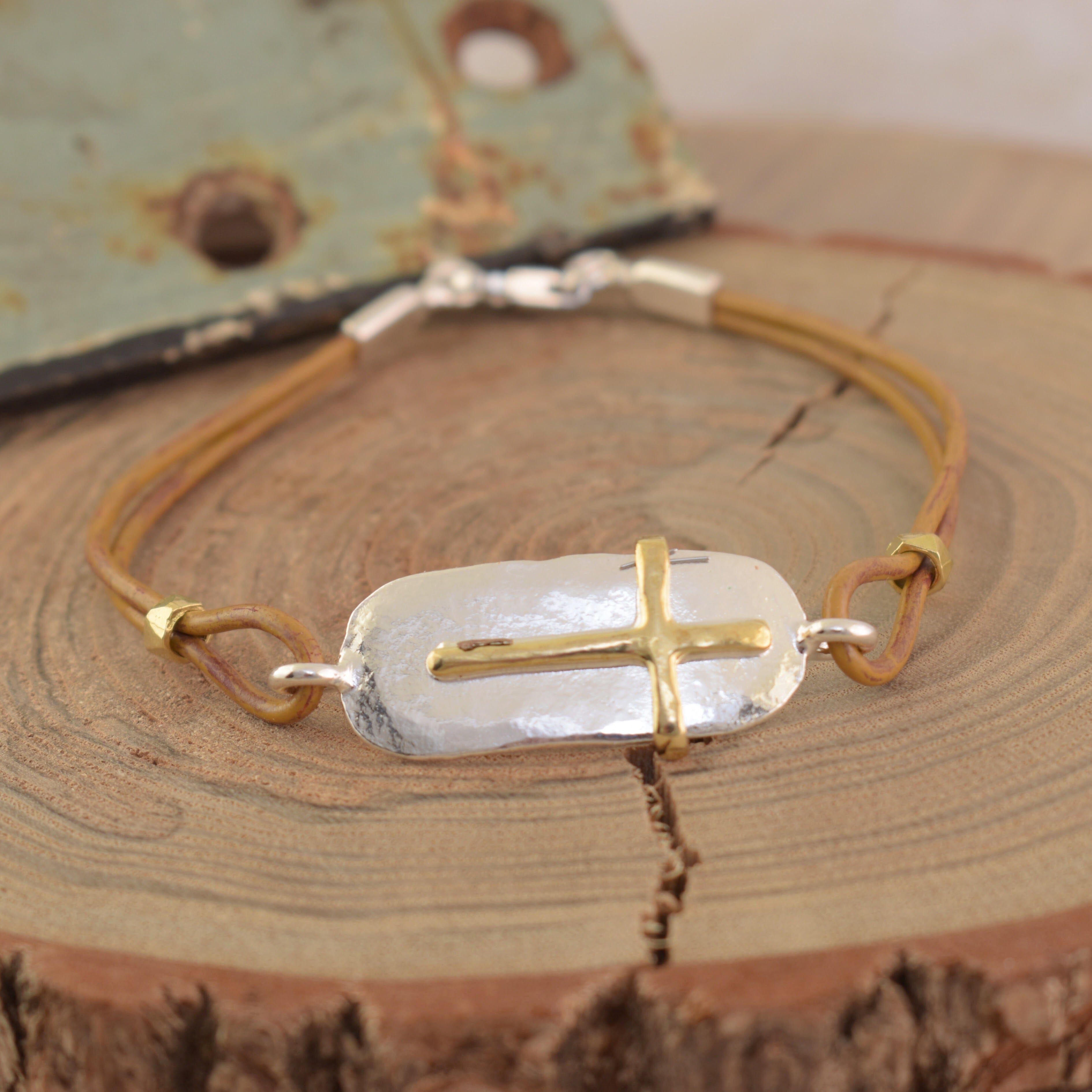 leather bracelet with sterling silver and gold
