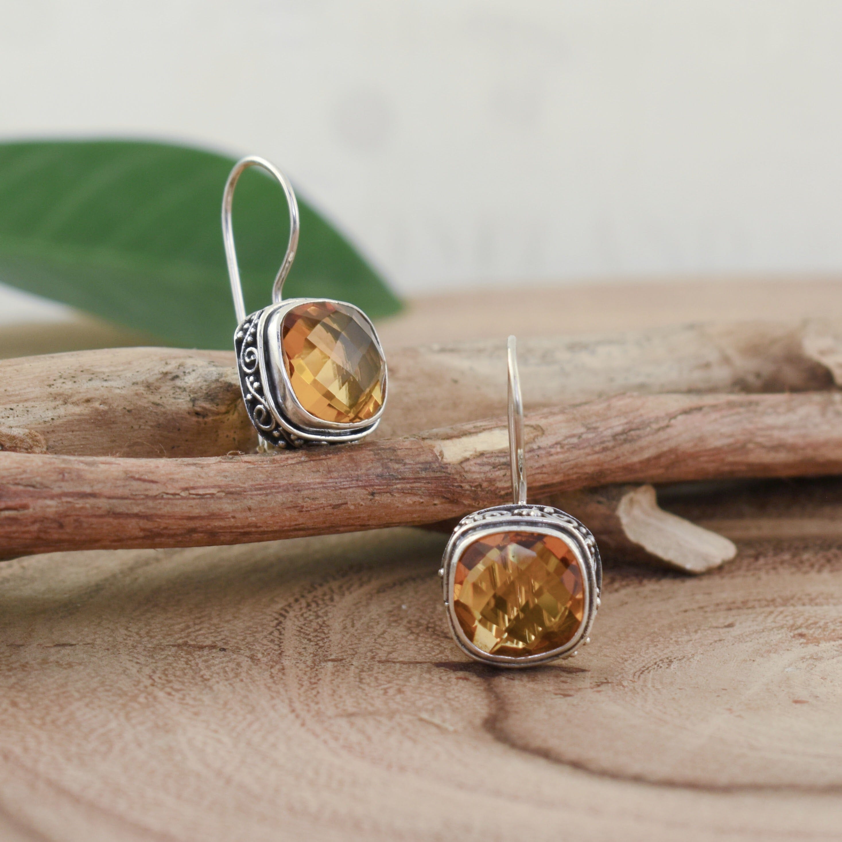 Secure French back earrings in sterling silver and genuine citrine stones
