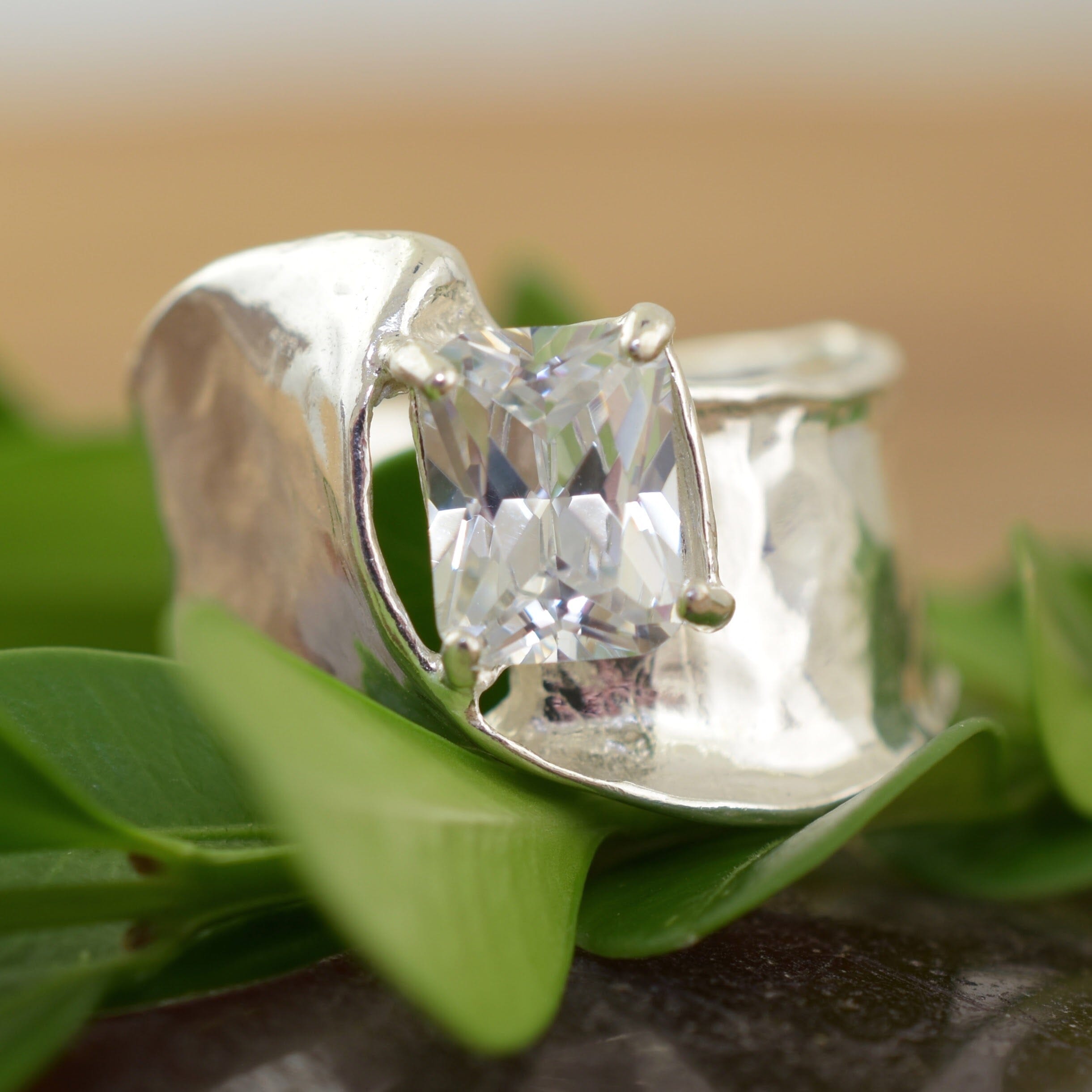 chunky sterling silver ring with prong set stone