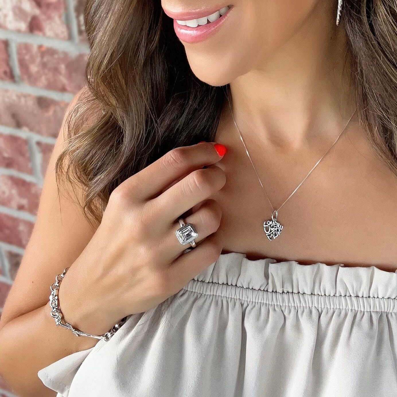 silver emerald cut cz Tiffany Ring paired with Love U More Necklace