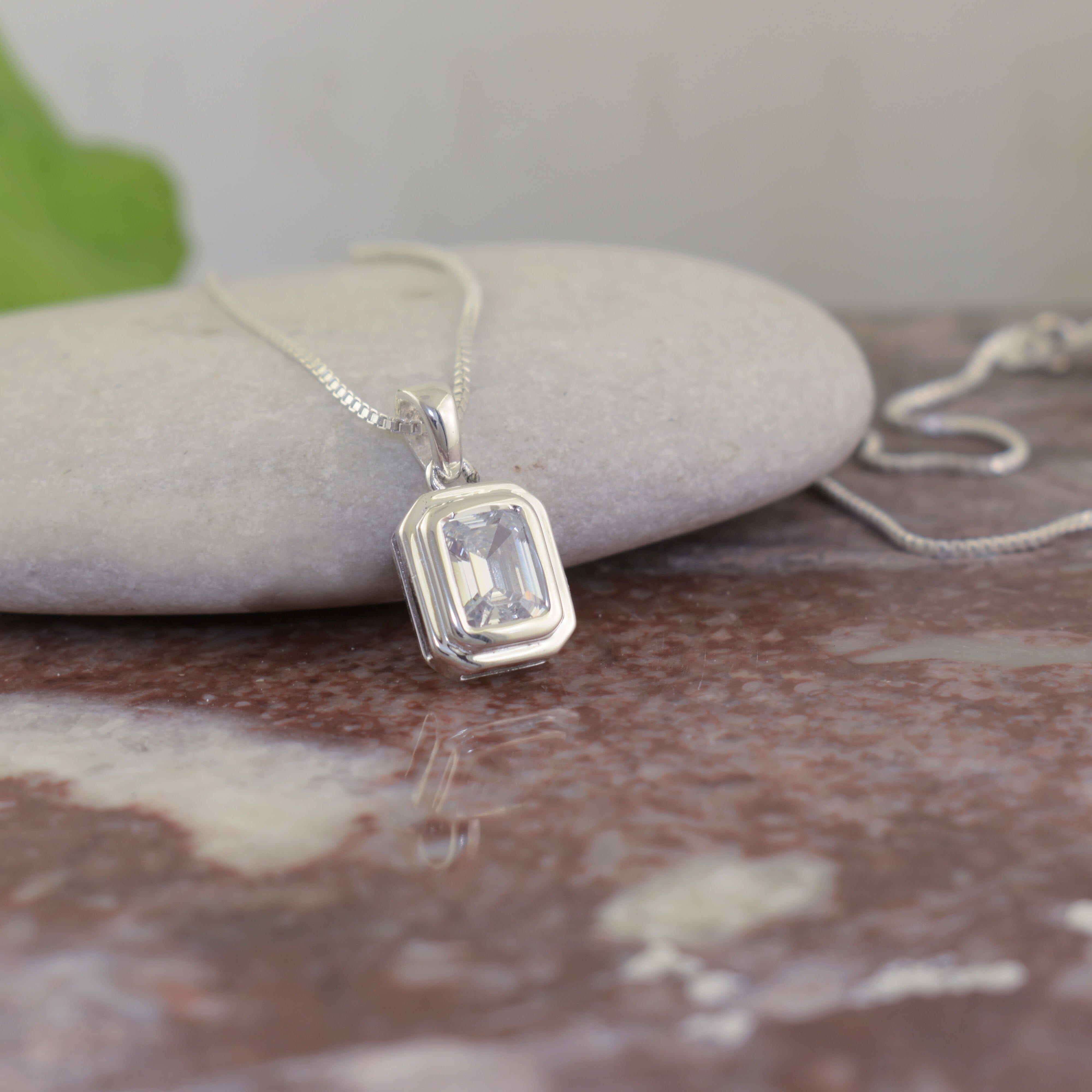 .925 sterling silver necklace with emerald cut CZ stone