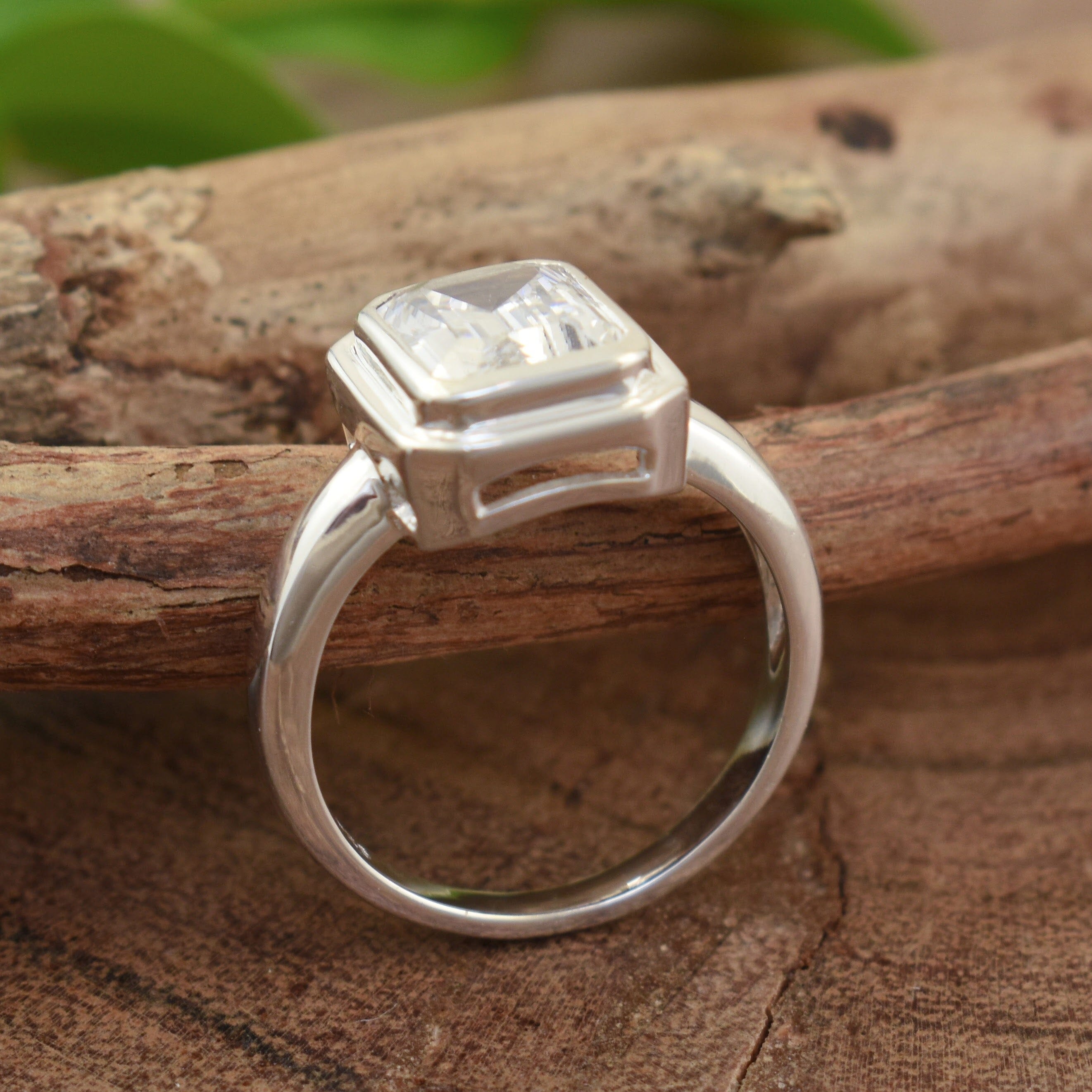 Rectangular sterling silver ring with clear cz stone