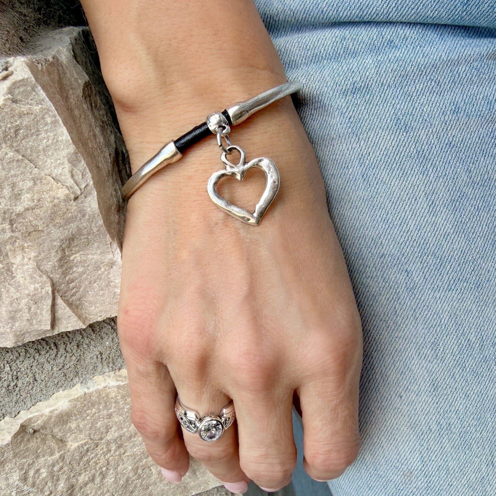 silver and leather heart bracelet