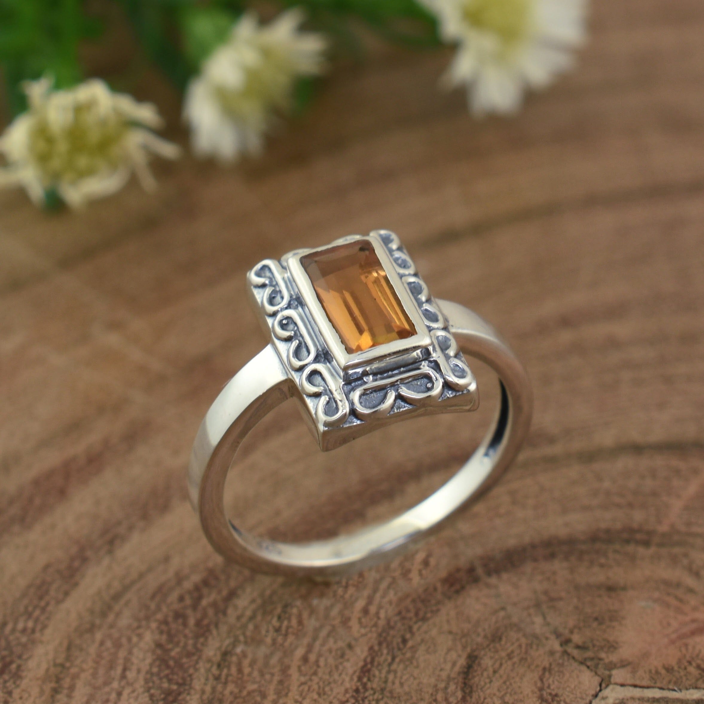sterling silver ring with a rectangle bezel