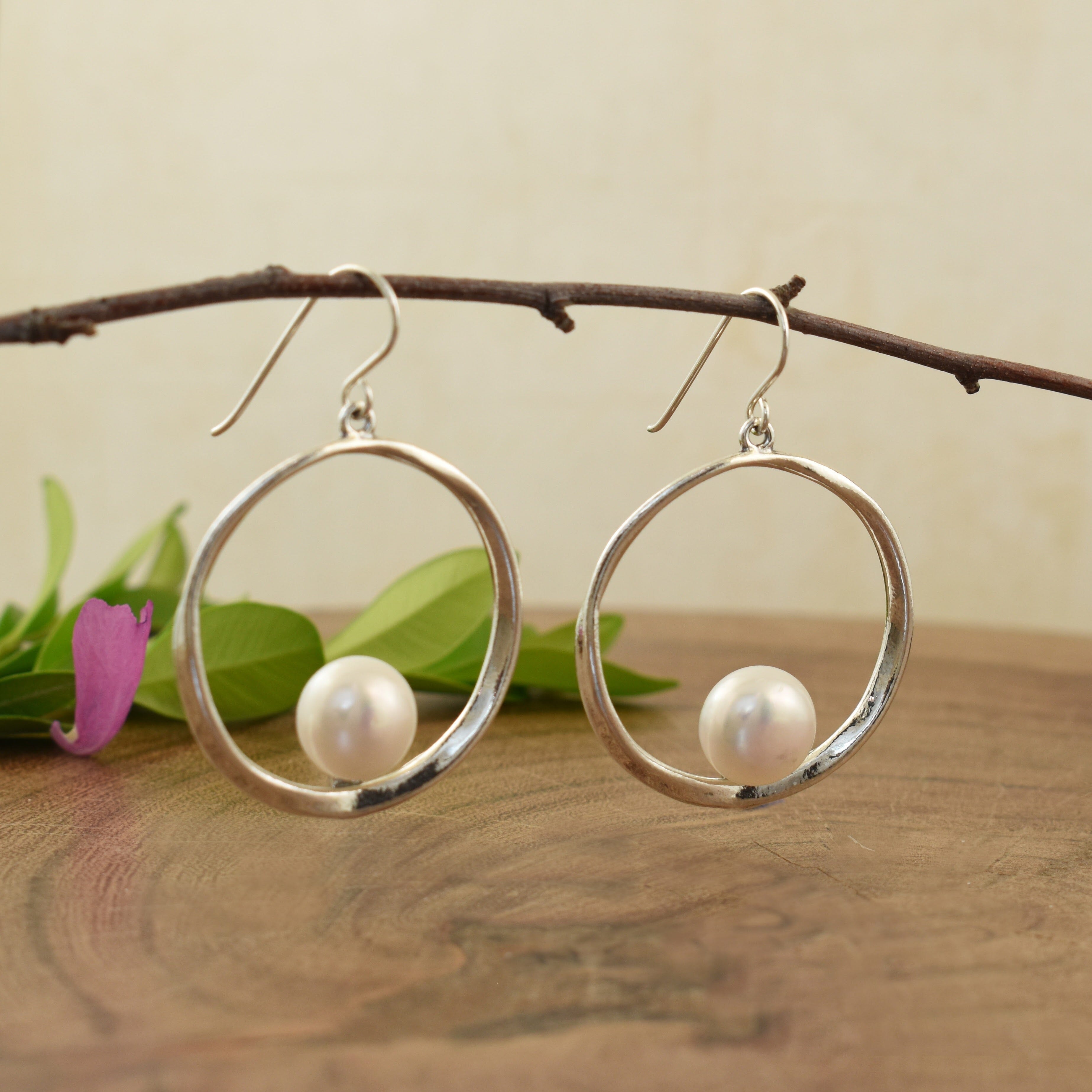 Handcrafted sterling silver and freshwater pearl earrings on French hooks