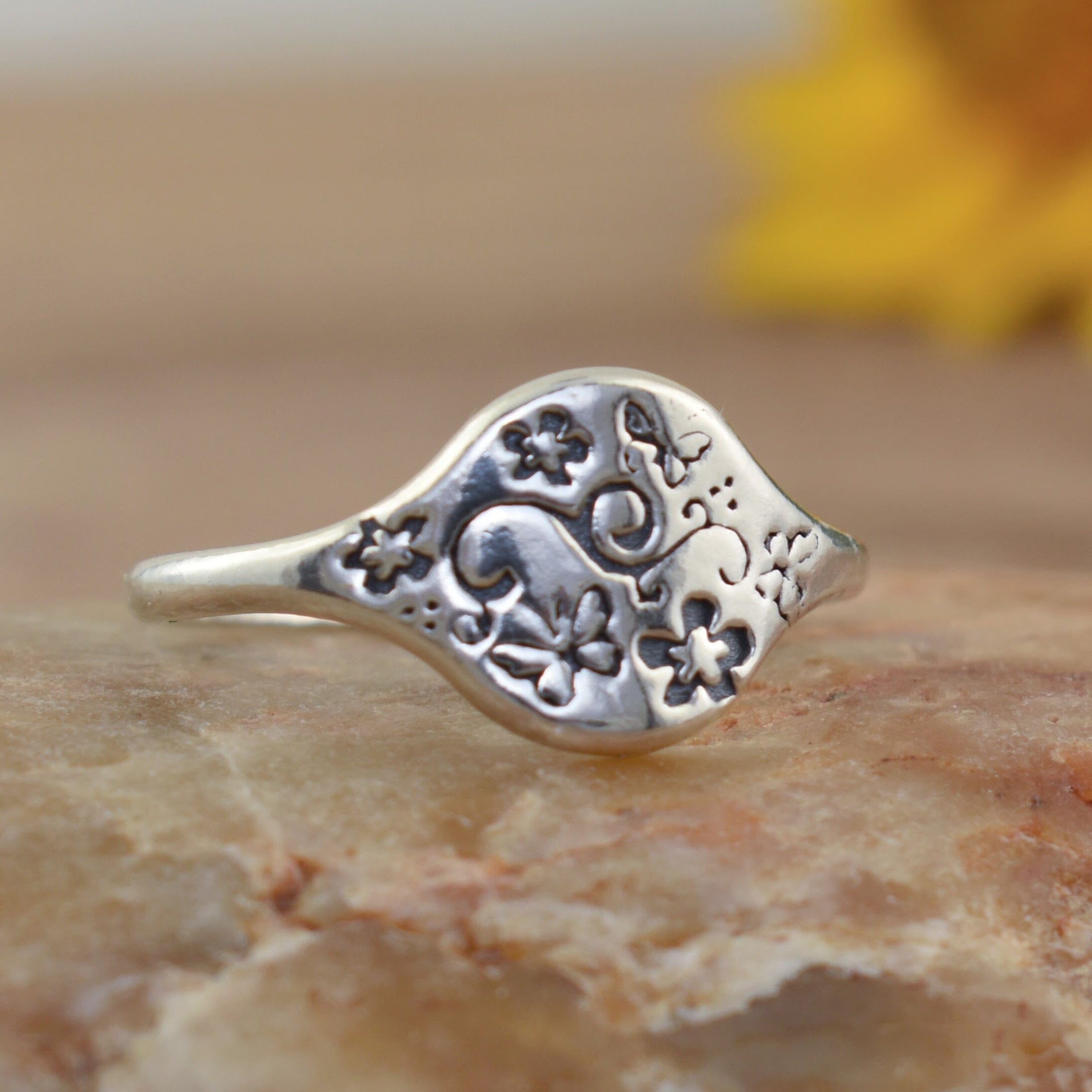 Flower and butterfly sterling silver ring