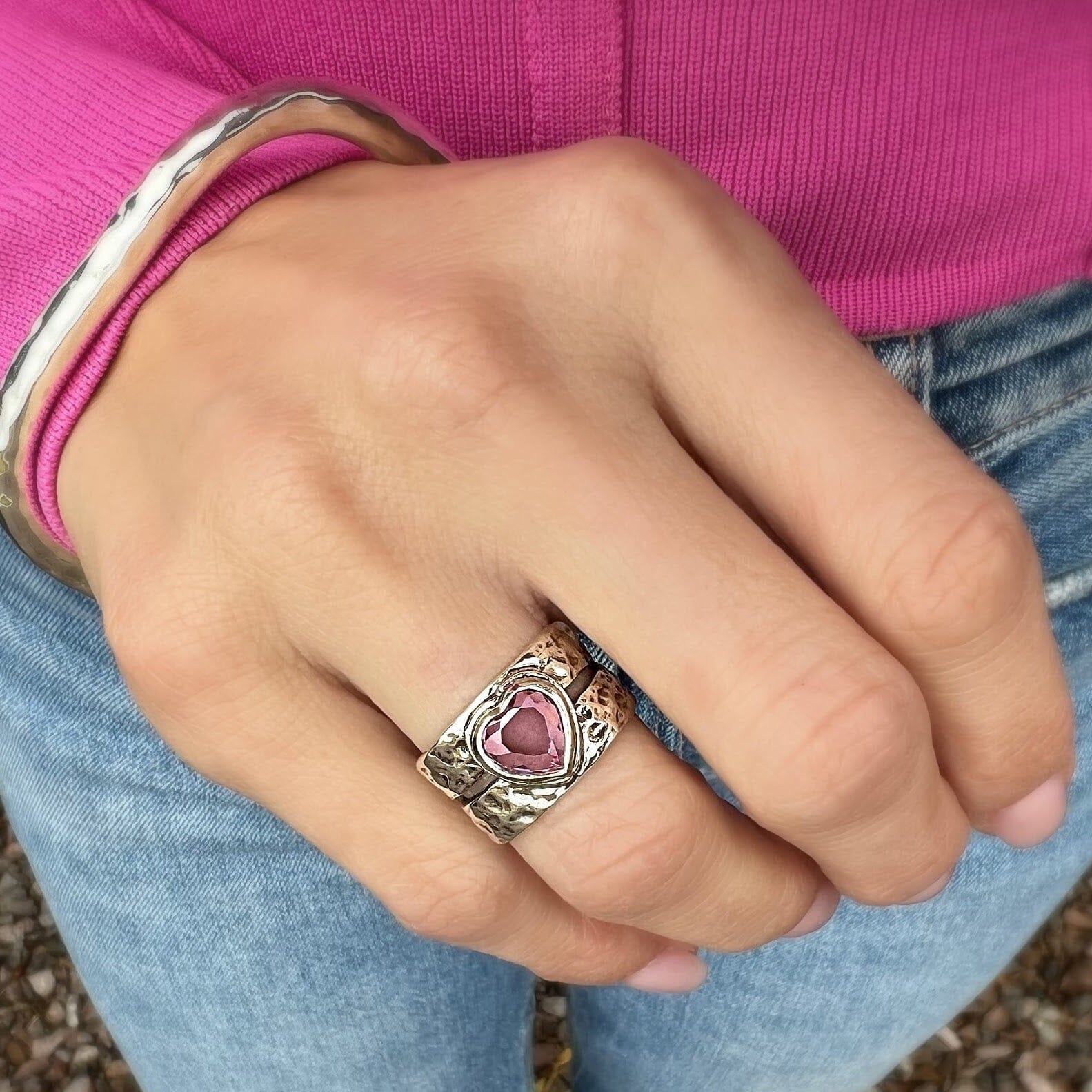 pink cz heart ring with a hammered band