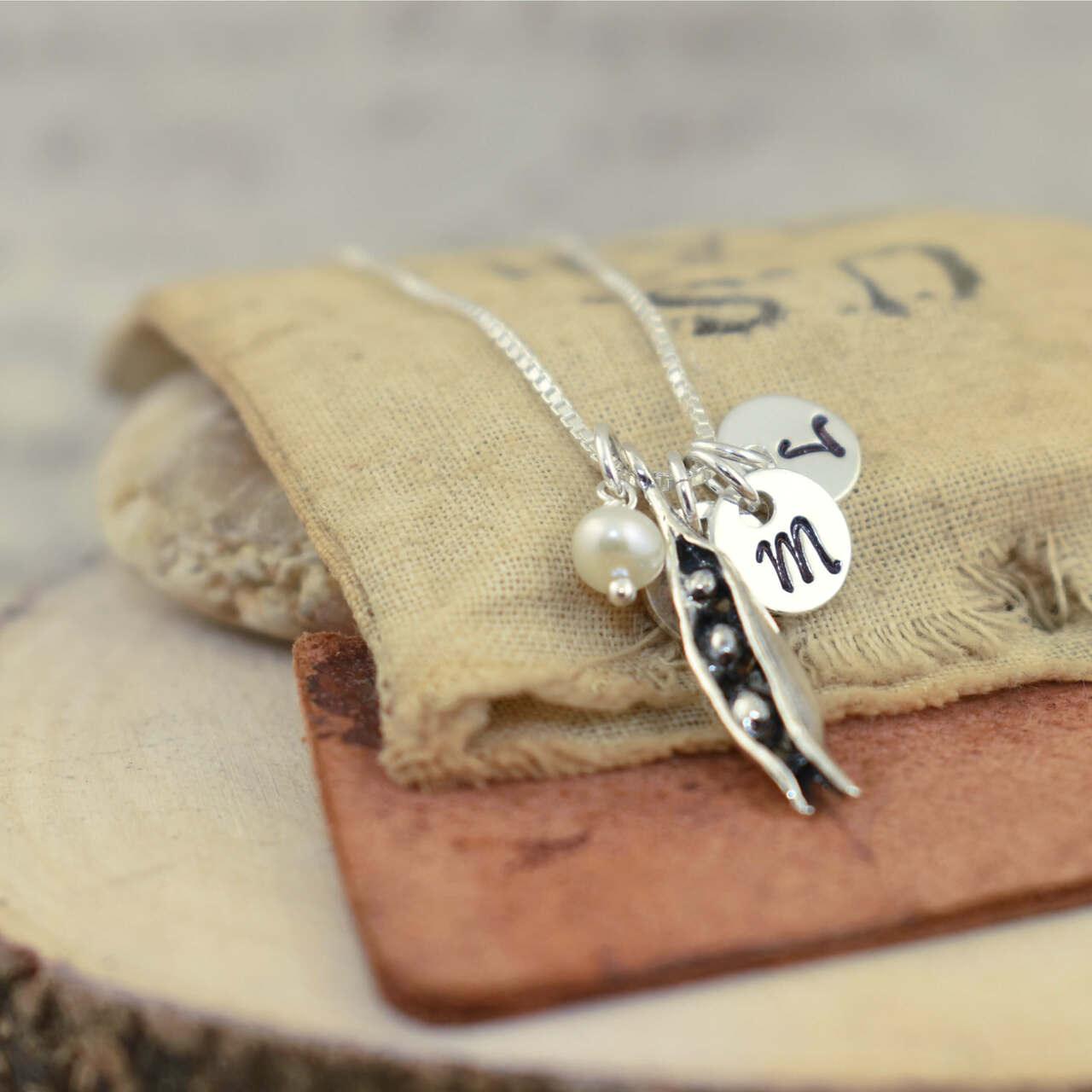 Sterling silver personalized pea pod necklace 