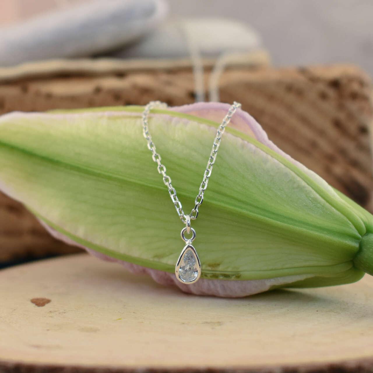 Teardrop cubic zirconia necklace with sterling silver chain