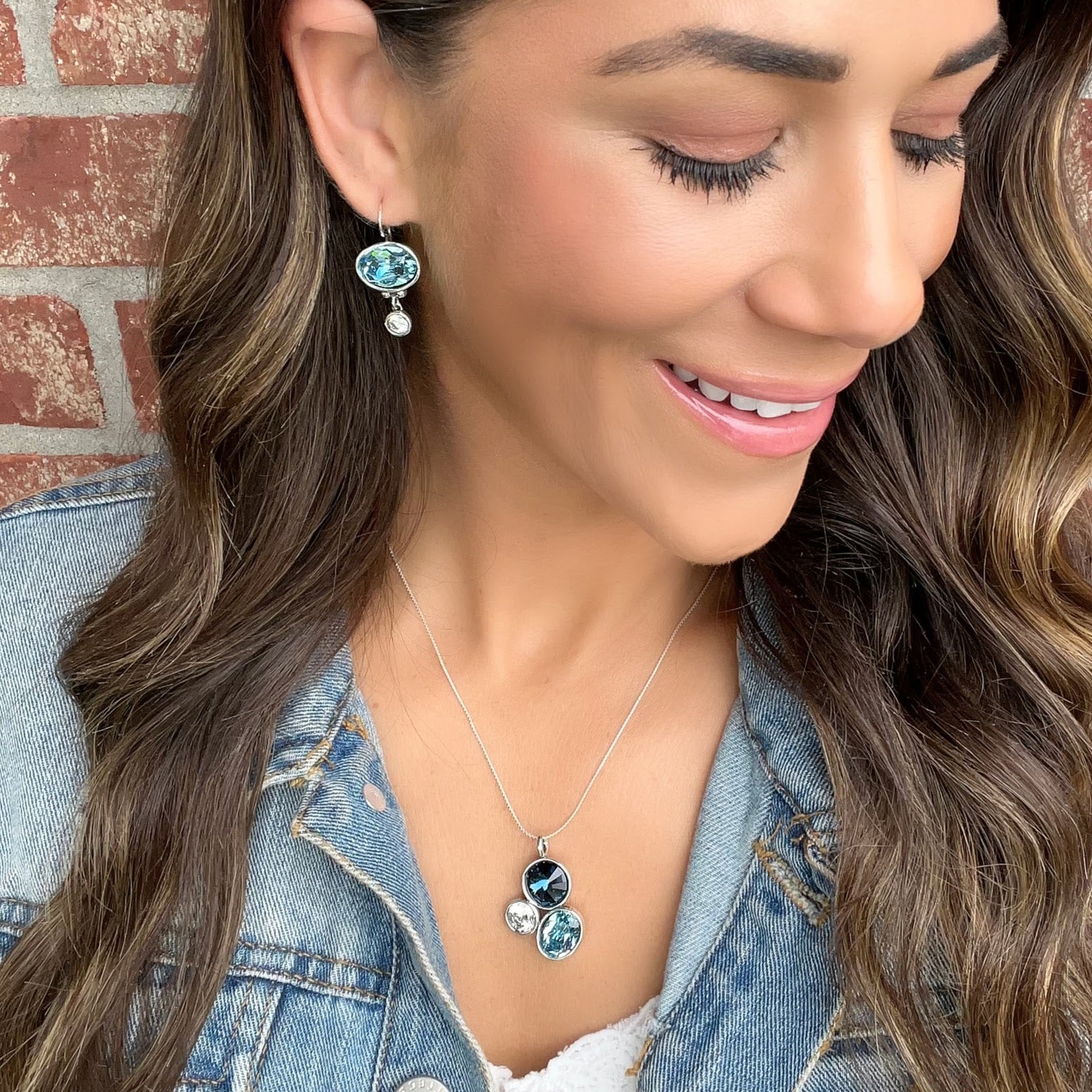 Blue Bayou Earrings worn with matching Blue Bayou Necklace