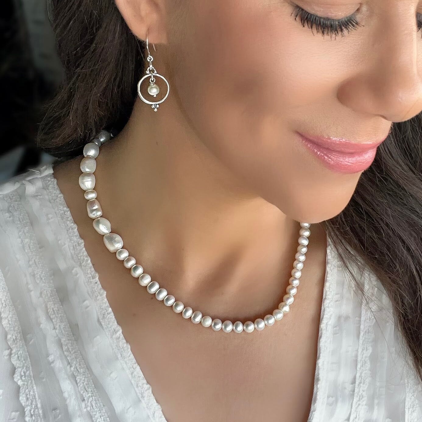chunky freshwater pearl necklace paired with Pearl Portrait Earrings