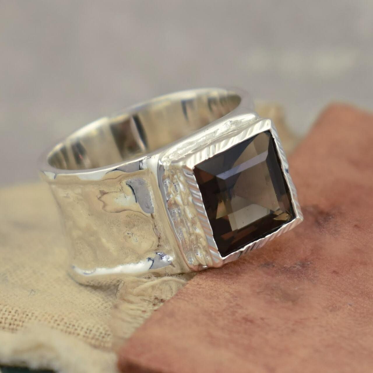 Handcrafted sterling silver and smoky quartz designer ring