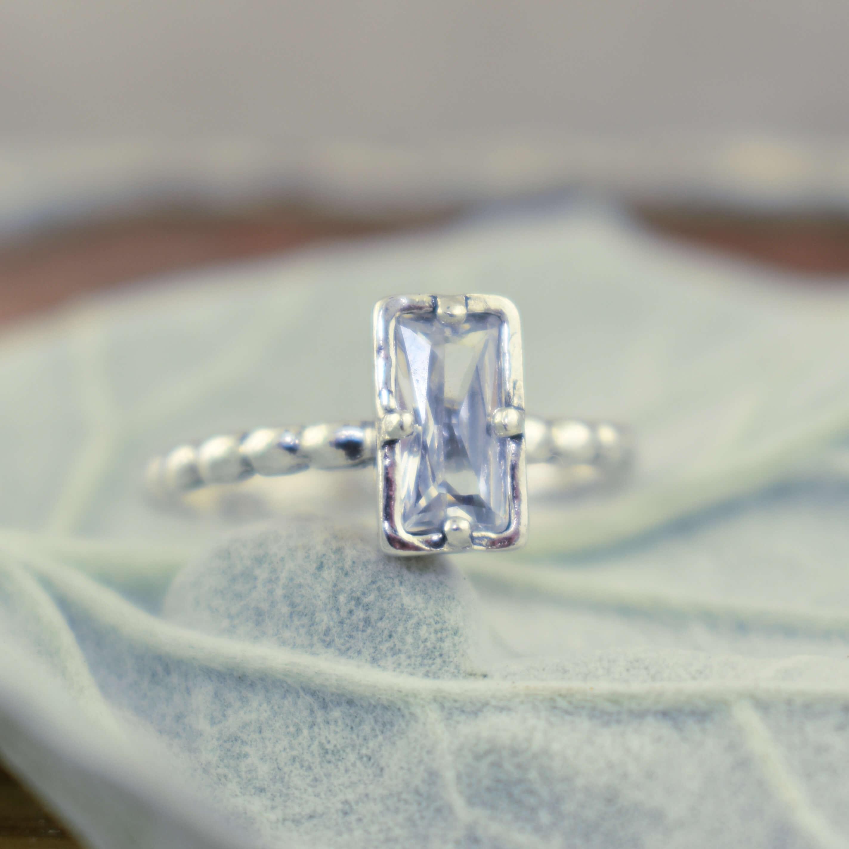 Emerald cut sterling silver ring