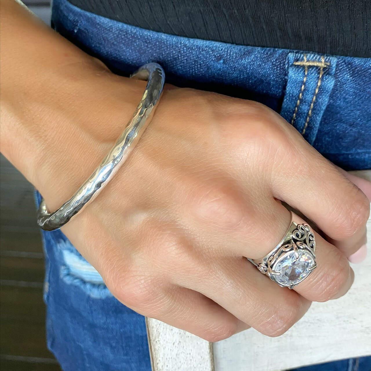 Sterling silver Essentials Bangle paired with Eye Candy Ring
