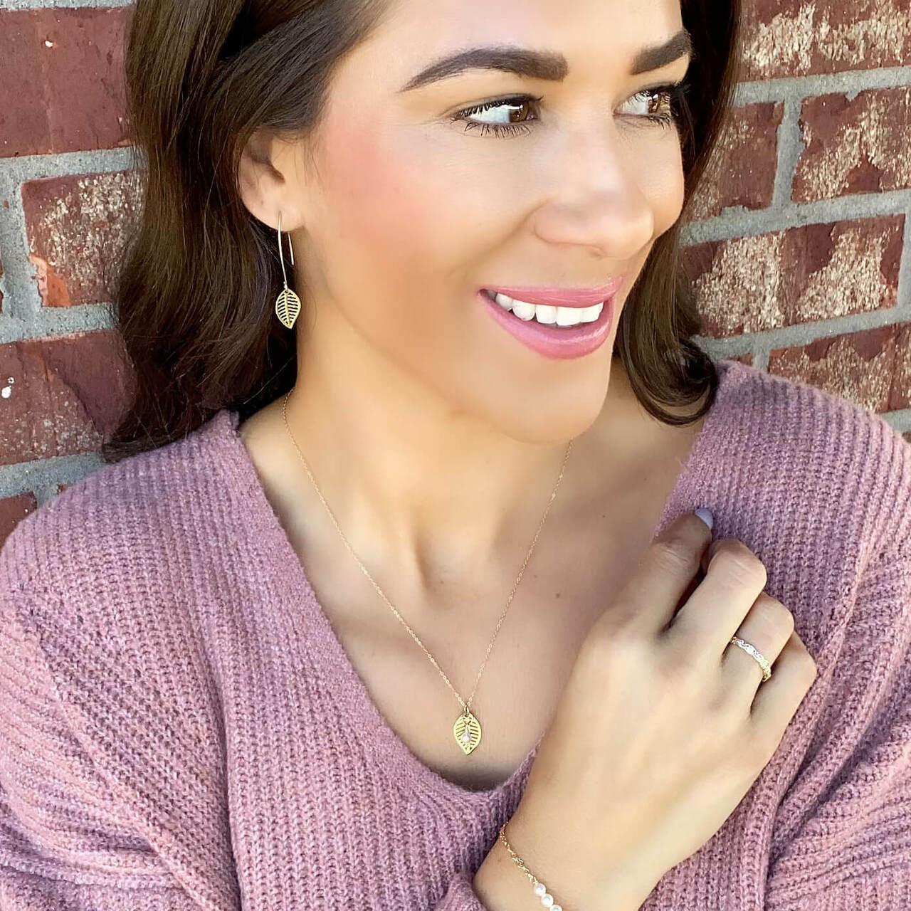 Goldie Leaf Earrings and Necklace paired with Riley Ring - In Gold