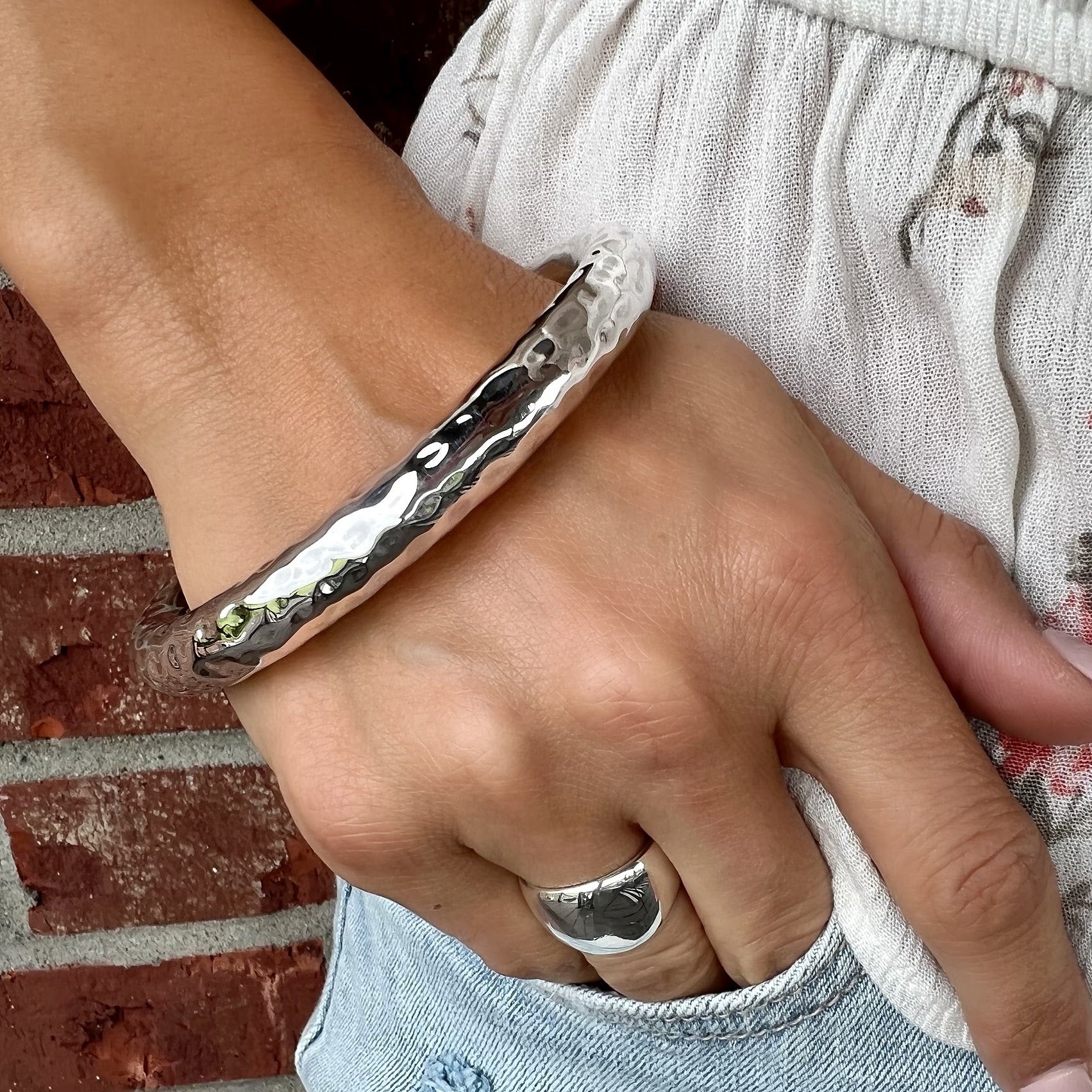 Hammered Bliss Bangle with sterling silver Classic Dome Ring