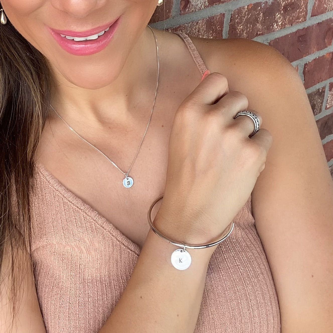 Initial It Bangle paired with Initial It Necklace and Primitive Shine Ring - In Silver