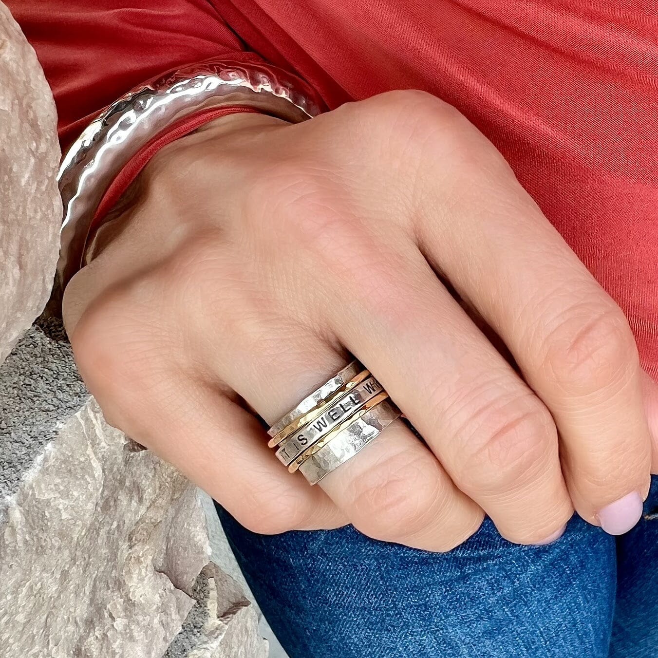 sterling silver chunky jewelry It Is Well With My Soul Ring & Sonoma Bangle paired together