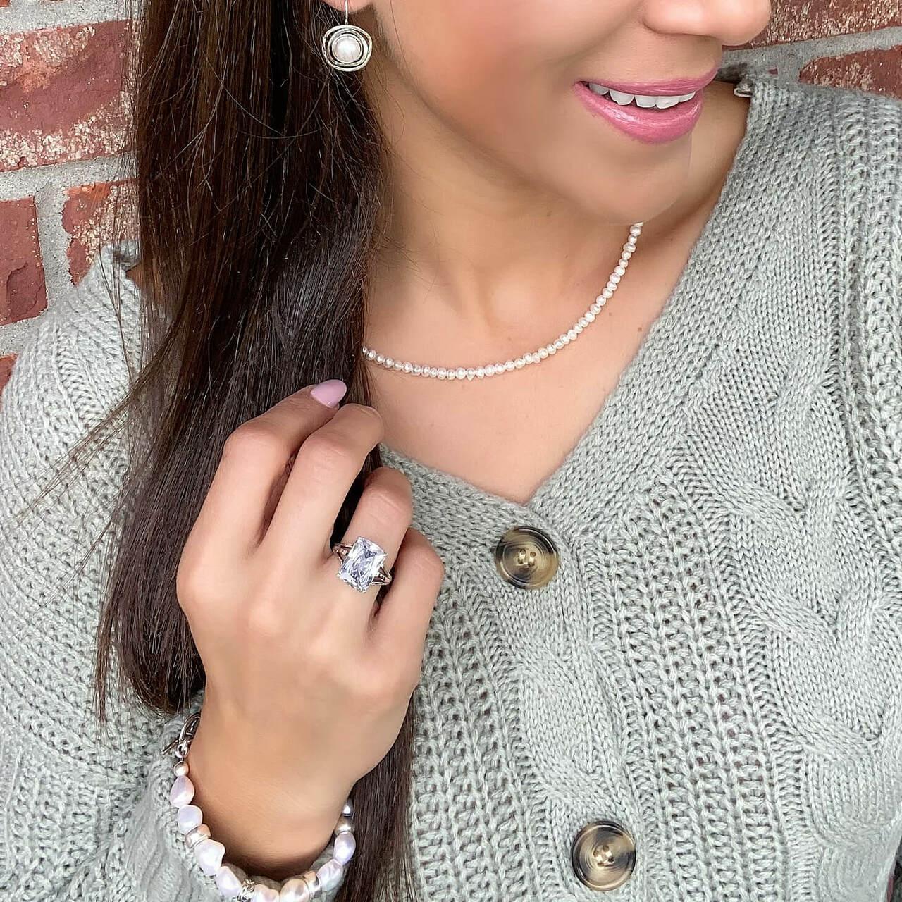 Legend Ring paired with Ella Earrings, Simplicity Necklace and Pearl Bracelet
