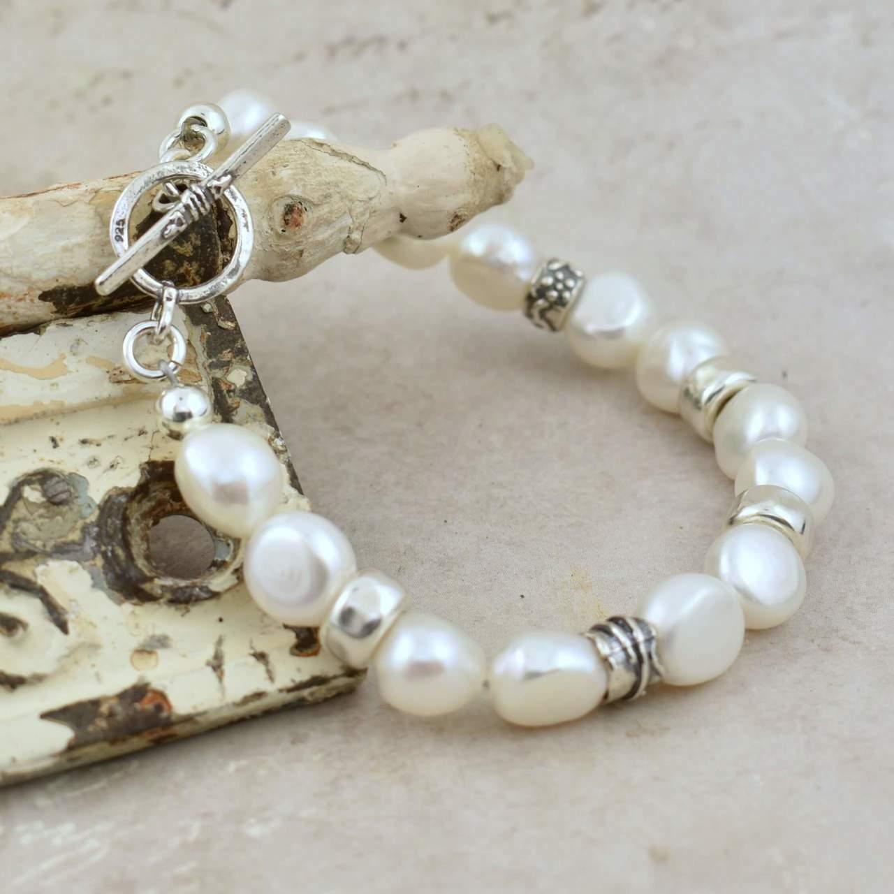 Pearl Bracelet with sterling silver accents and a toggle clasp