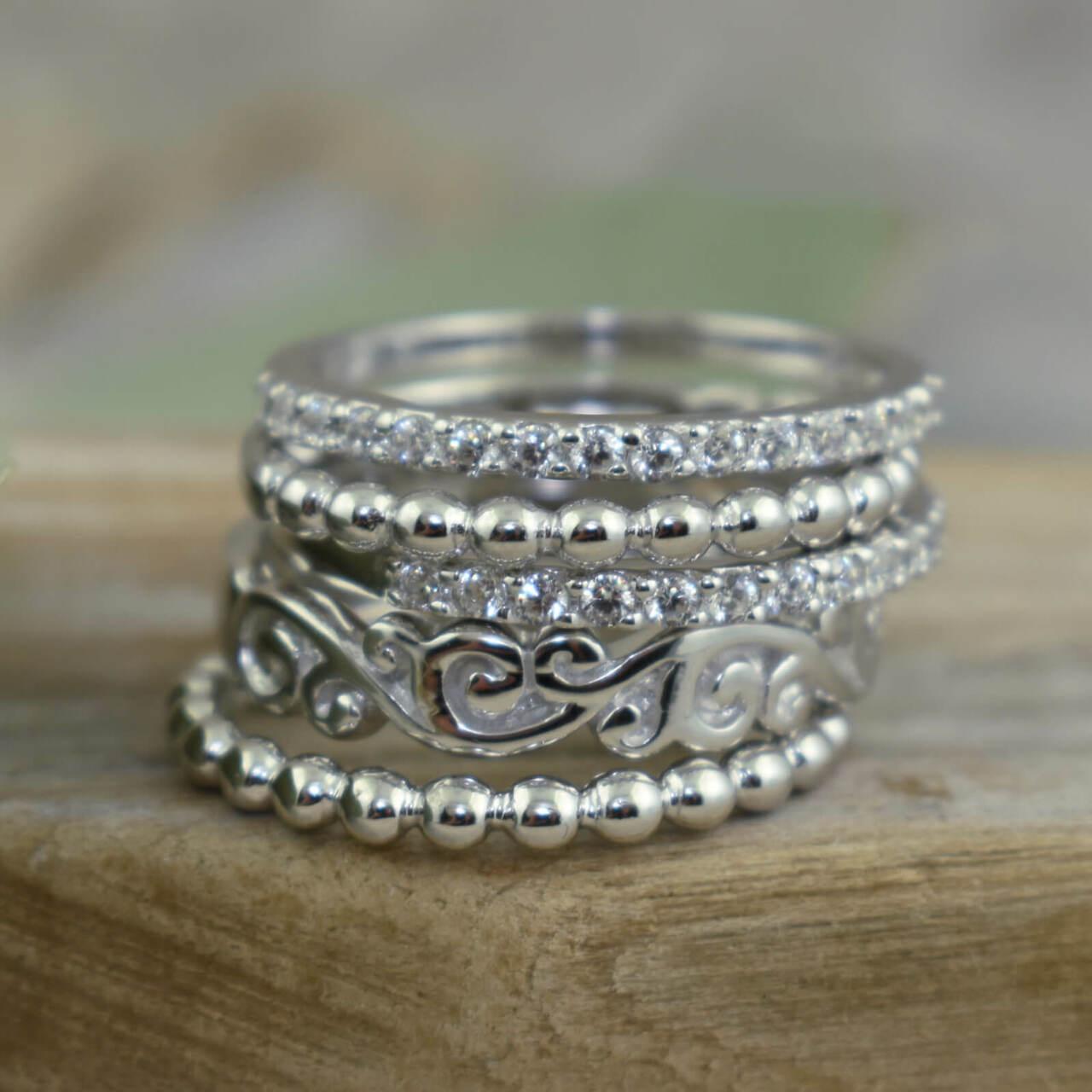 Handcrafted sterling silver and CZ stack rings