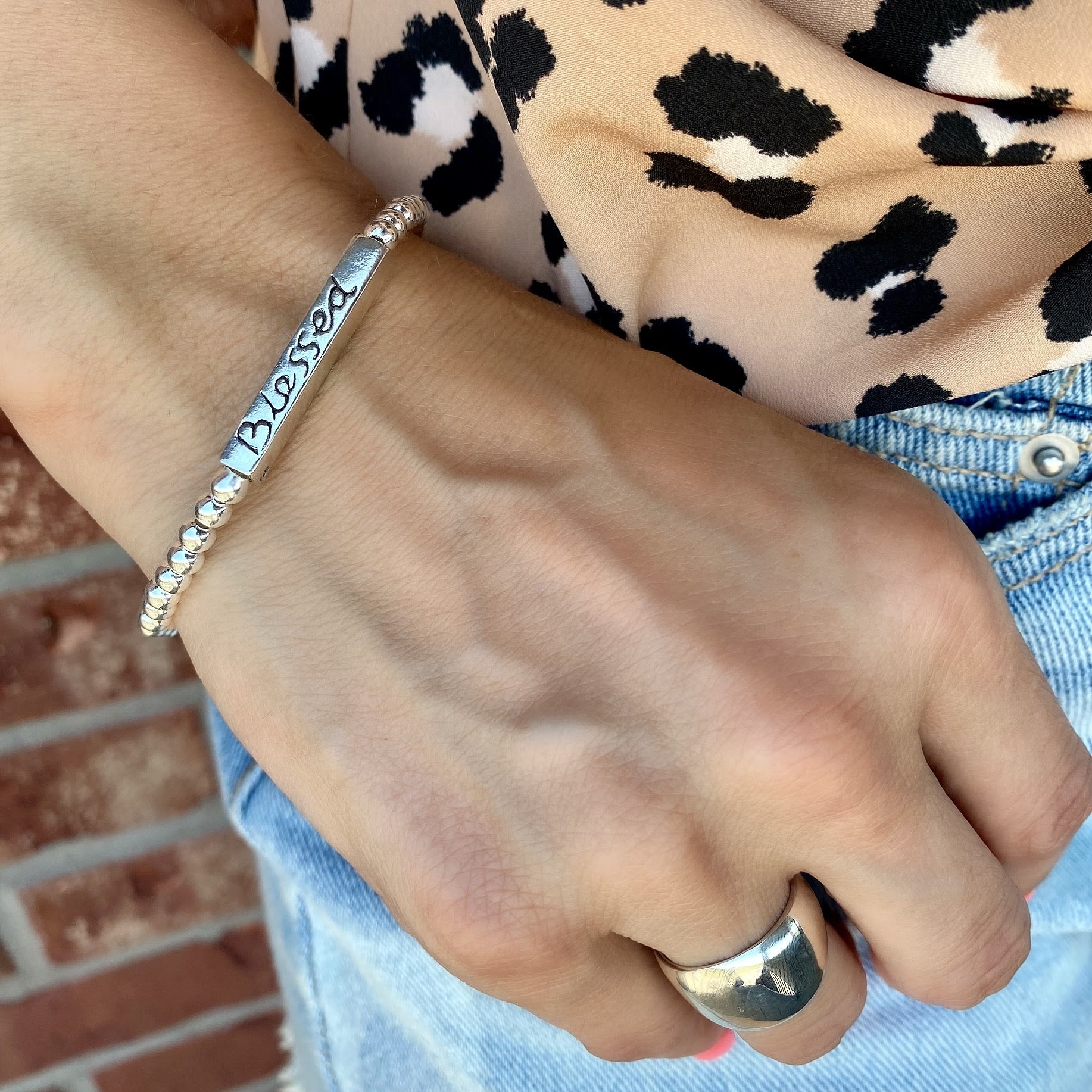 Thankful-Grateful-Bless Bracelet paired with Classic Dome Ring