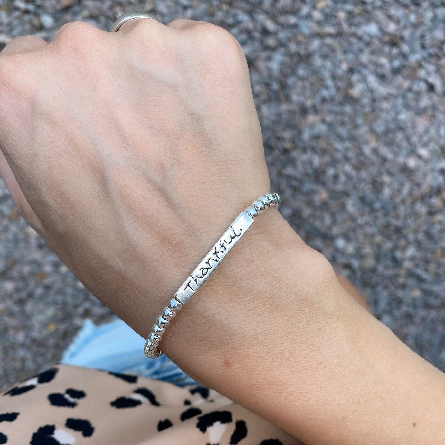 Sterling silver beaded stretch bracelet Thankful-Grateful-Blessed