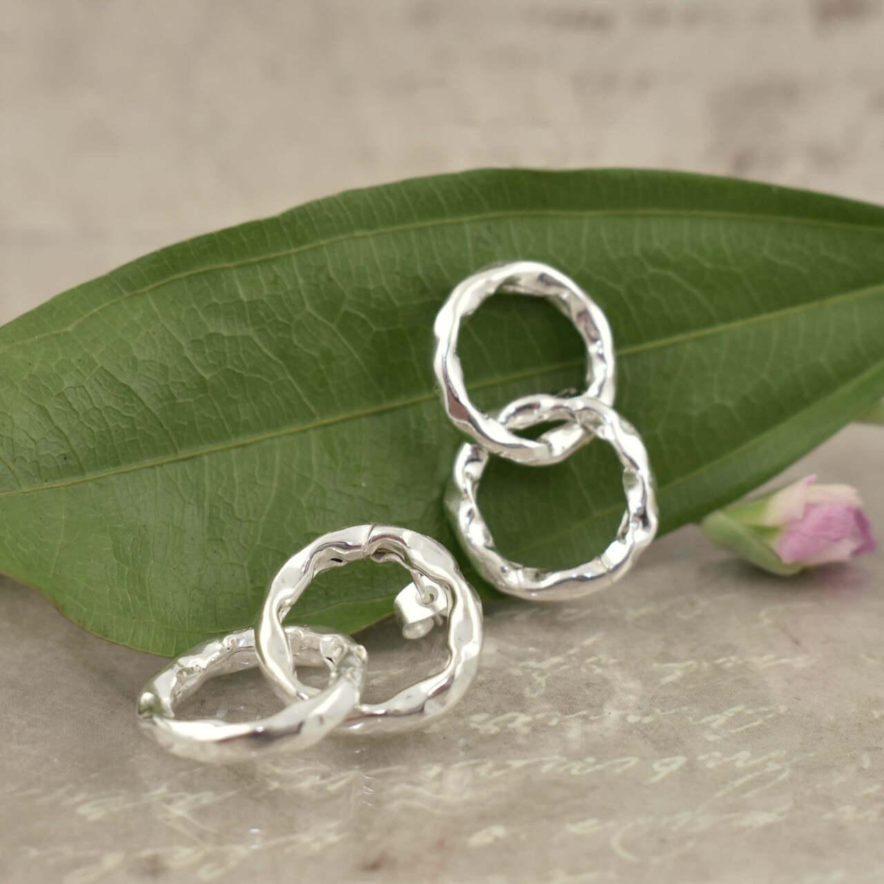 Sterling Silver Round hammered double loop earrings with a post