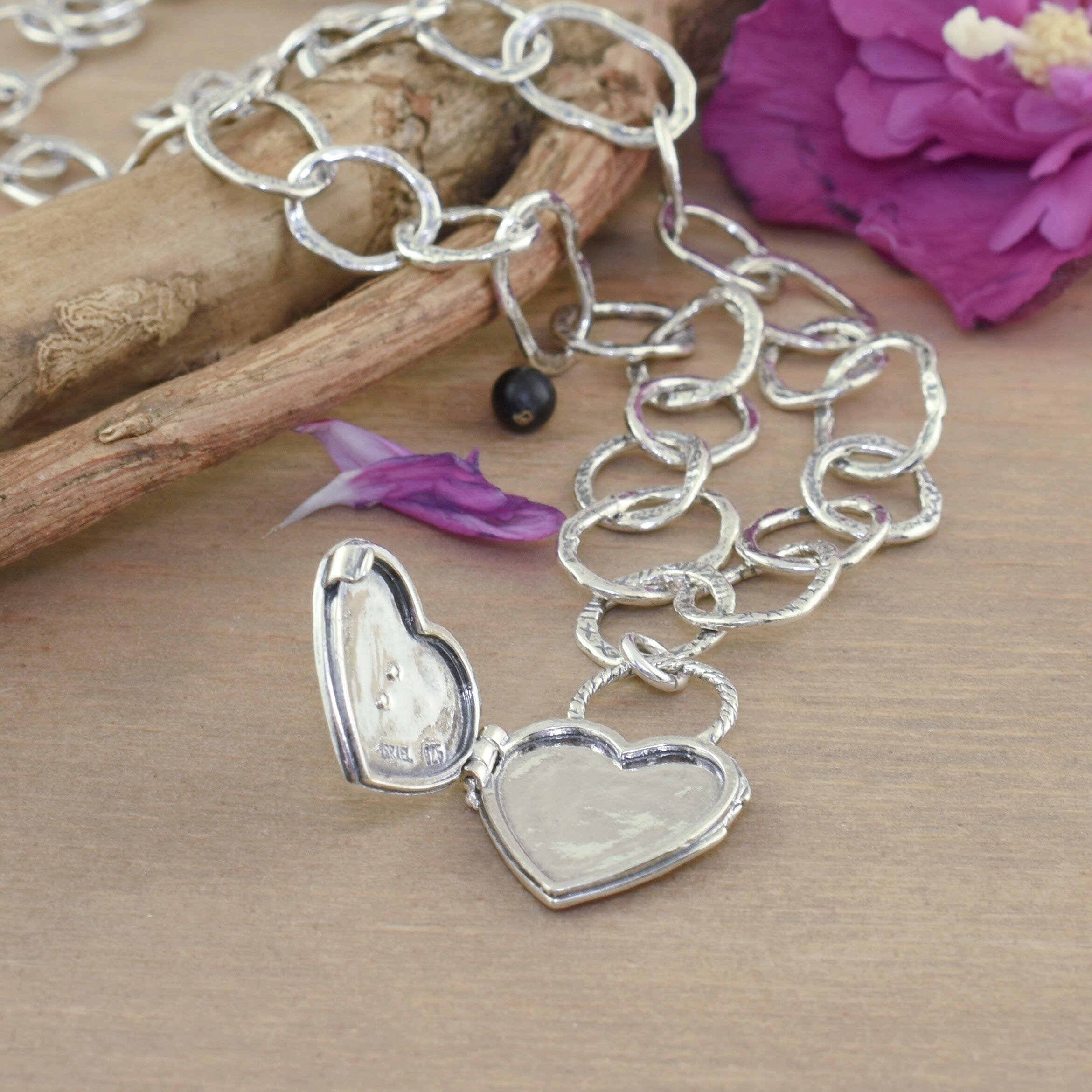 antique style sterling silver necklace with a heart locket pendant