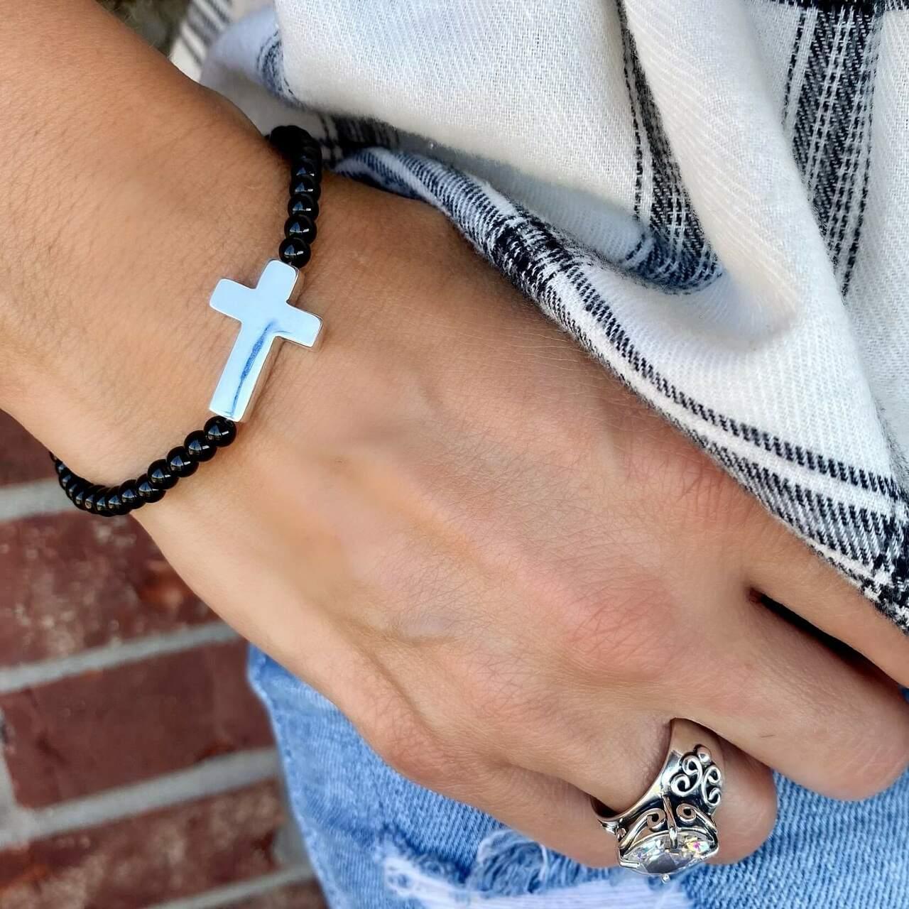 Beaded Cross Bracelet - Onyx paired with sterling silver Eye Candy Ring