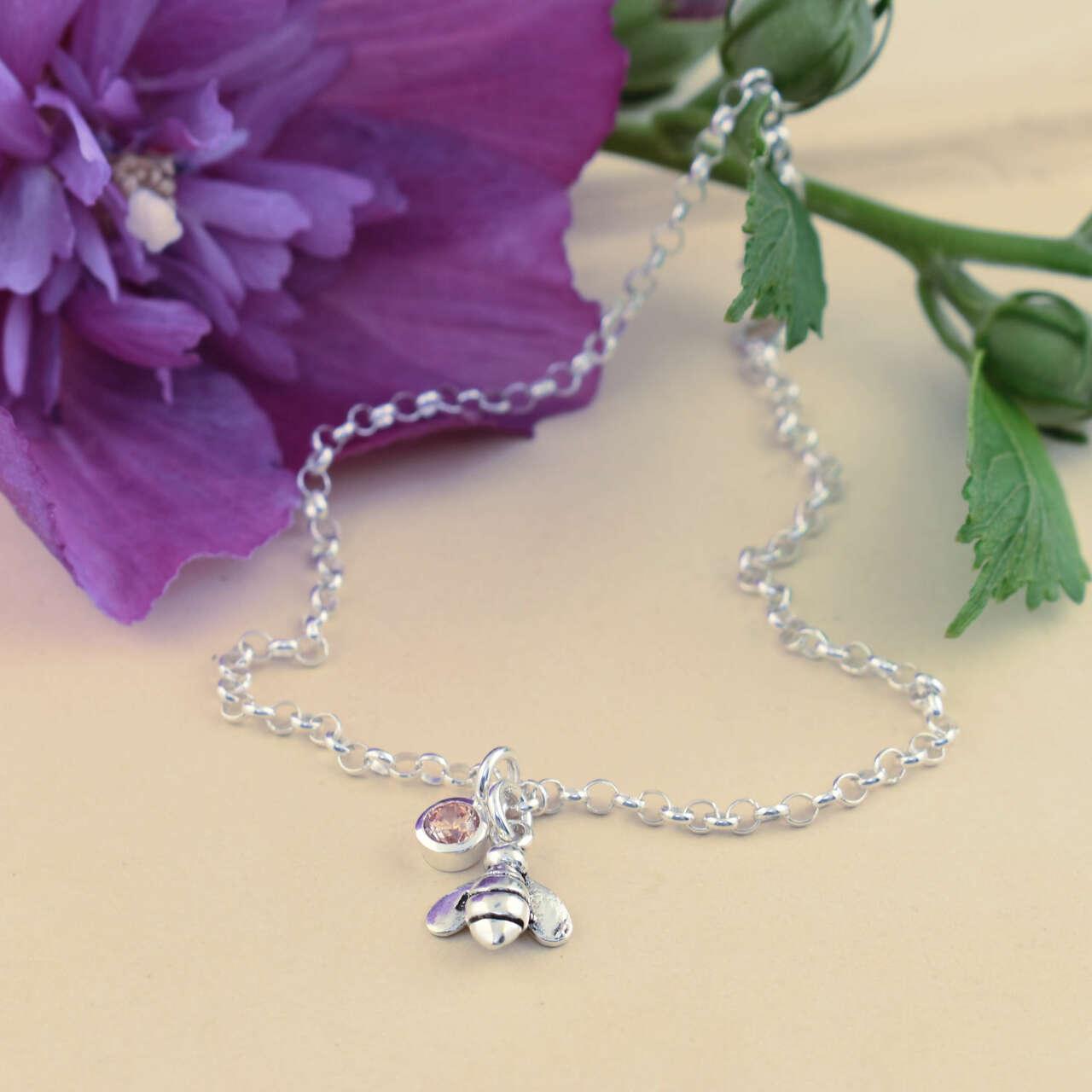 Bee anklet with cz birthstone of your choosing