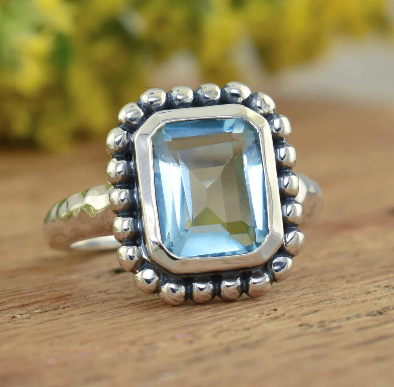 Emerald cut light blue CZ ring with antiqued sterling silver