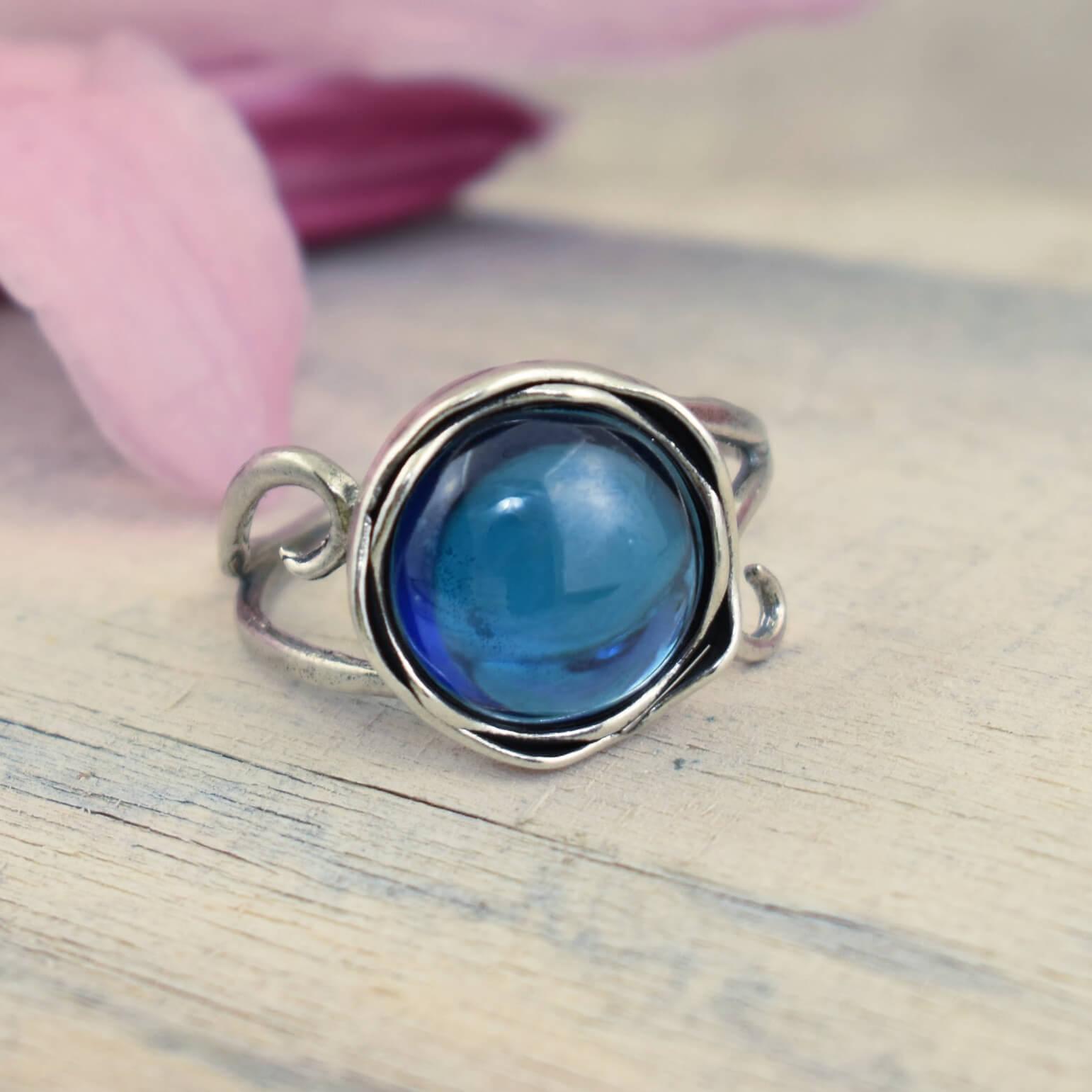 Handcrafted .925 sterling silver ring with cabochon blue sapphire CZ