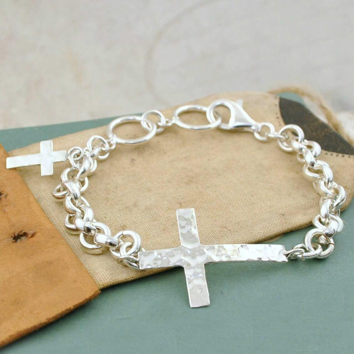Sterling silver link bracelet with hammered cross