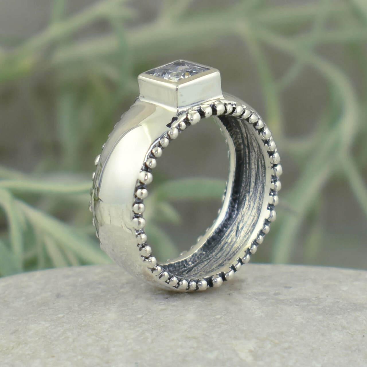 Handcrafted sterling silver ring with square cubic zirconia stone