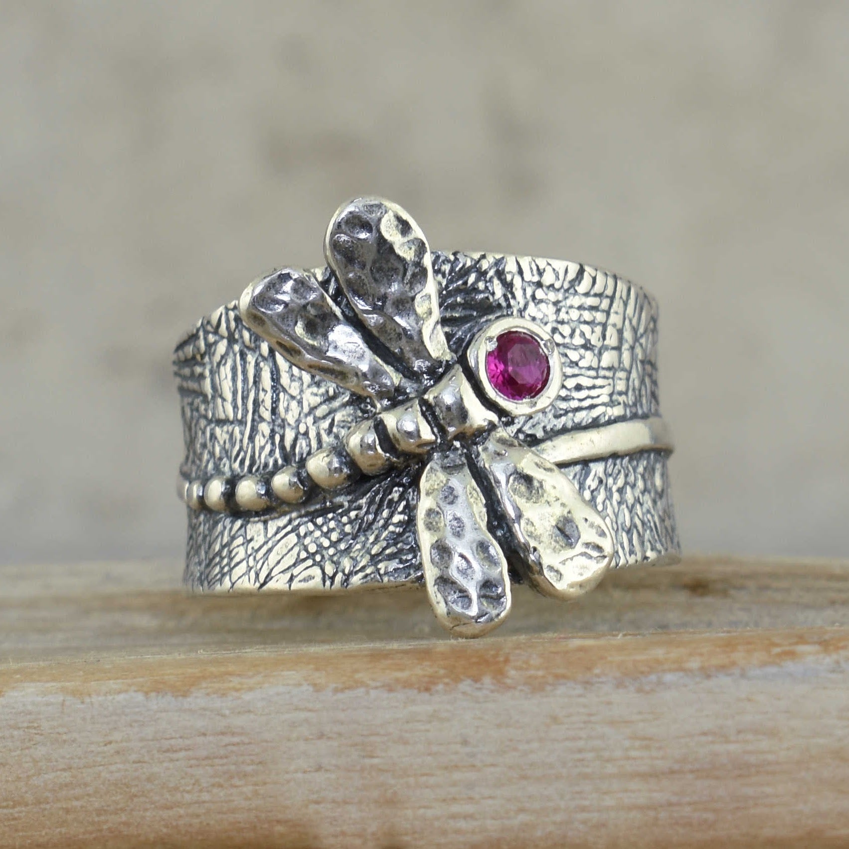 Dragonfly Ring featured in .925 sterling silver and ruby CZ