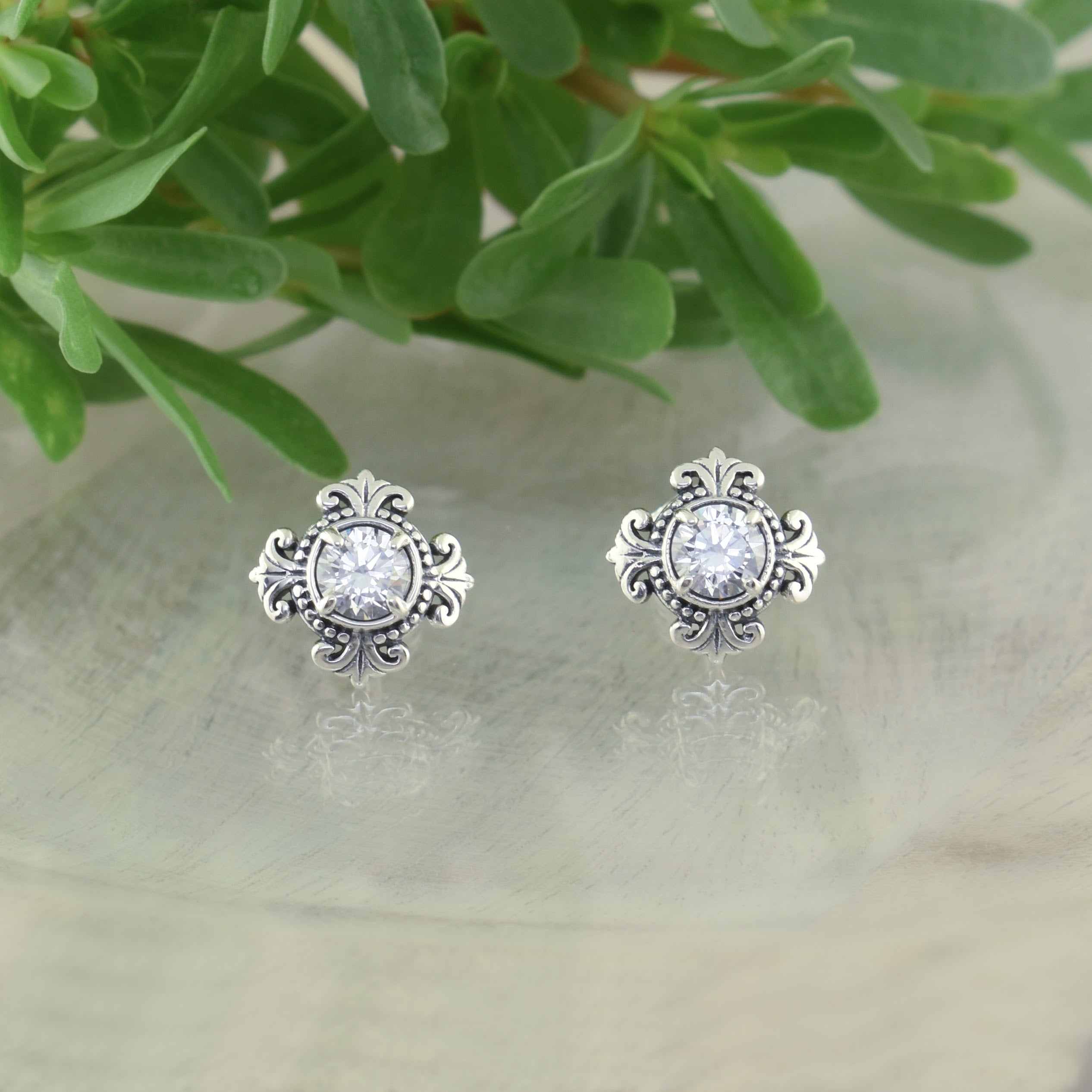 sterling silver earrings with cz and fleur-de-lis