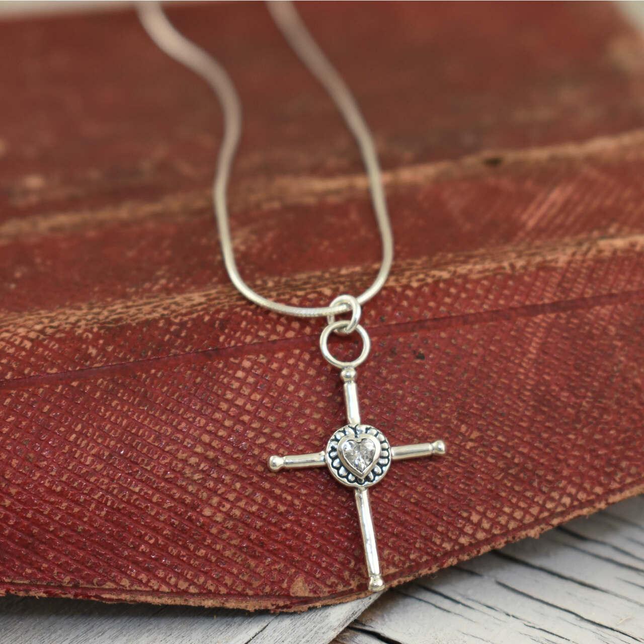 .925 sterling silver cross necklace with cubic zirconia heart
